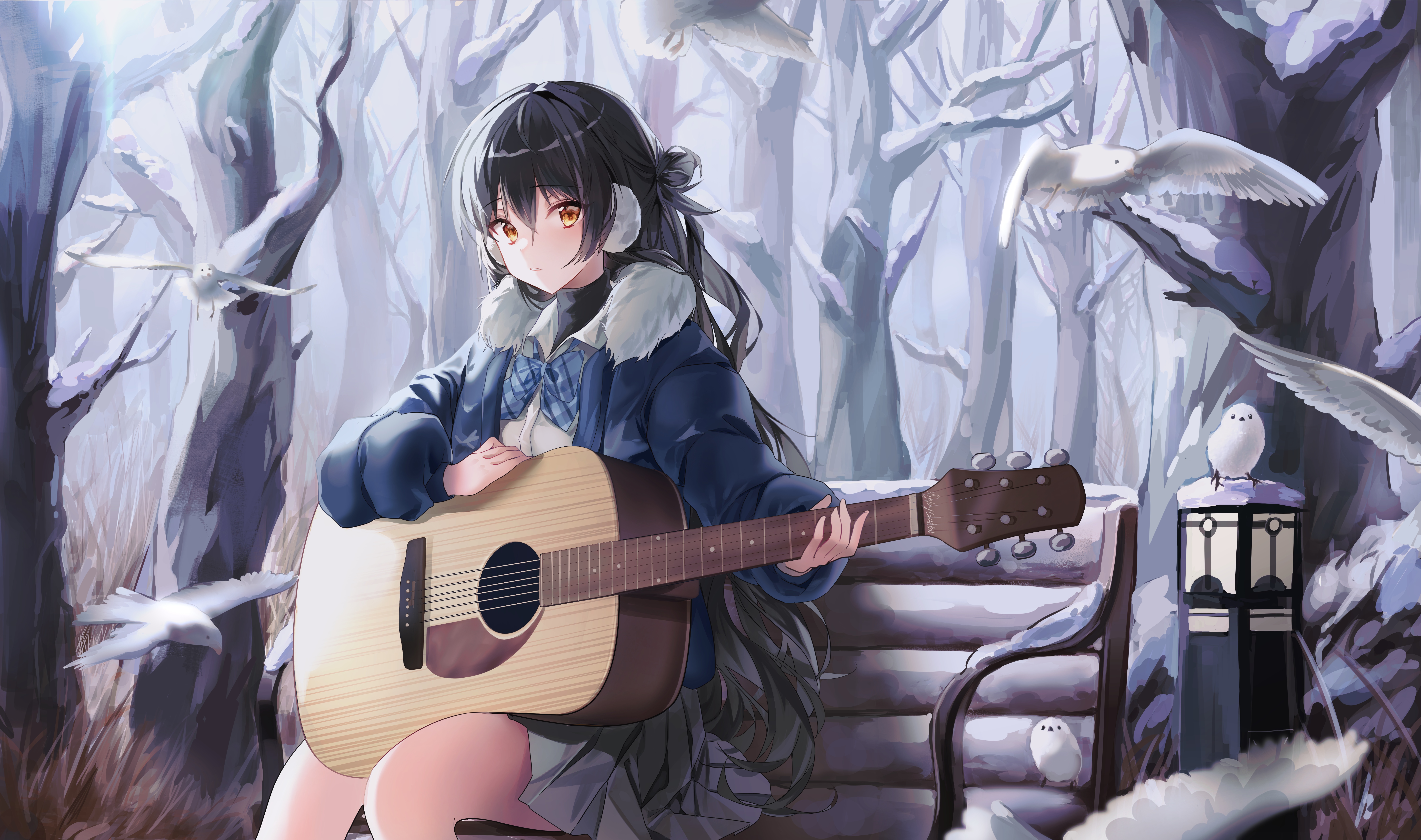 4K anime girl with dark hair playing guitar in snow with birds HD Wallpaper