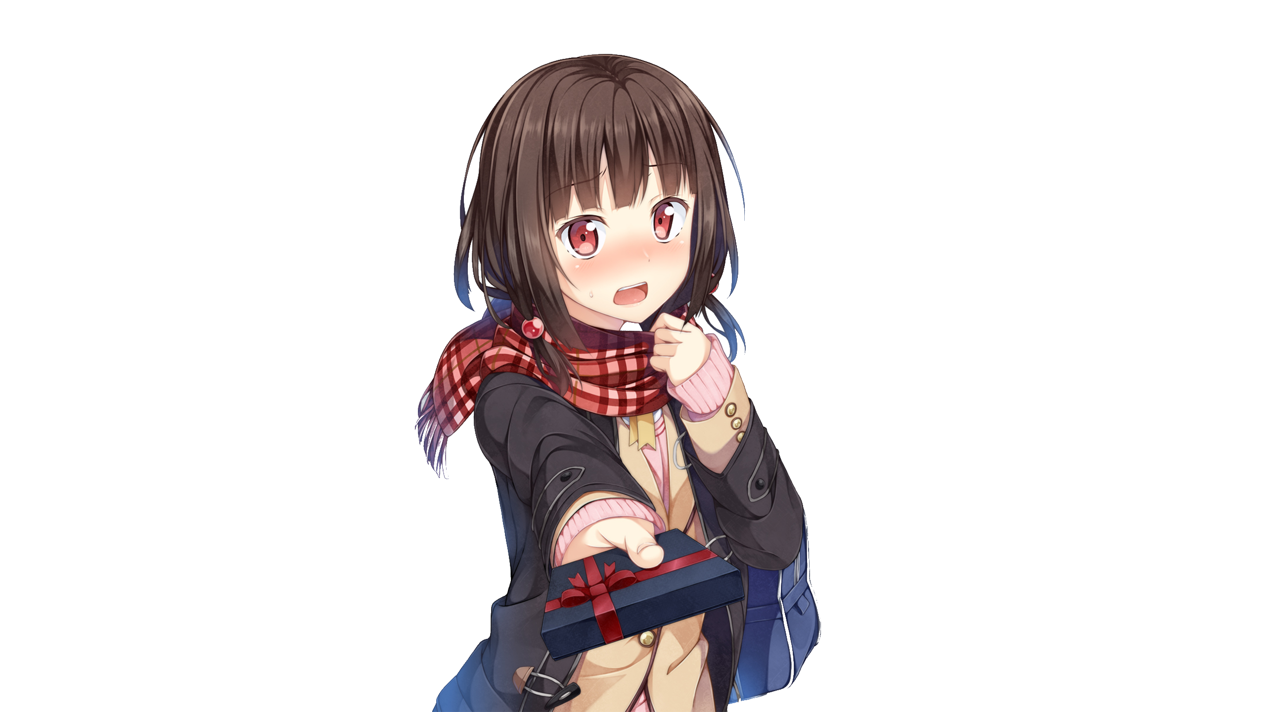 Anime girl with brown hair and red scarf giving a gift HD Wallpaper