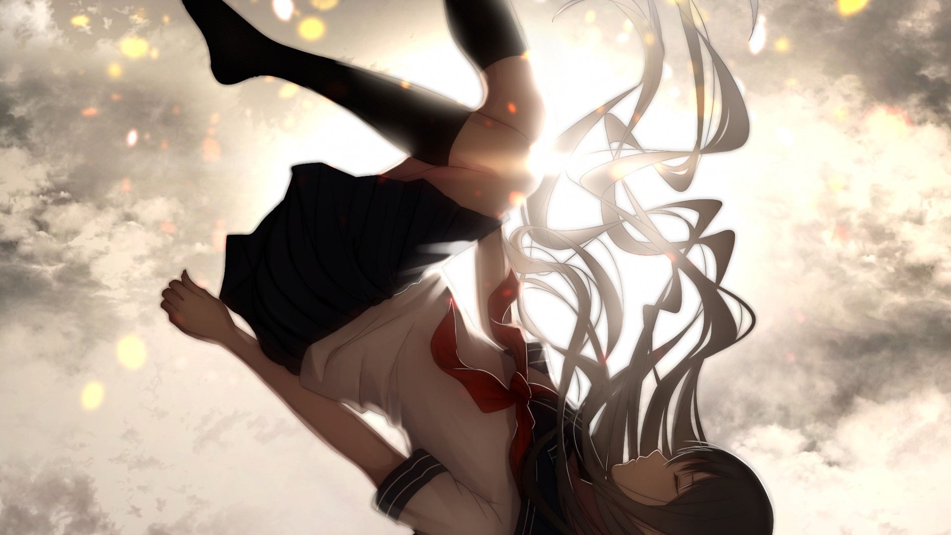 Girl in school uniform falling through clouds HD Wallpaper