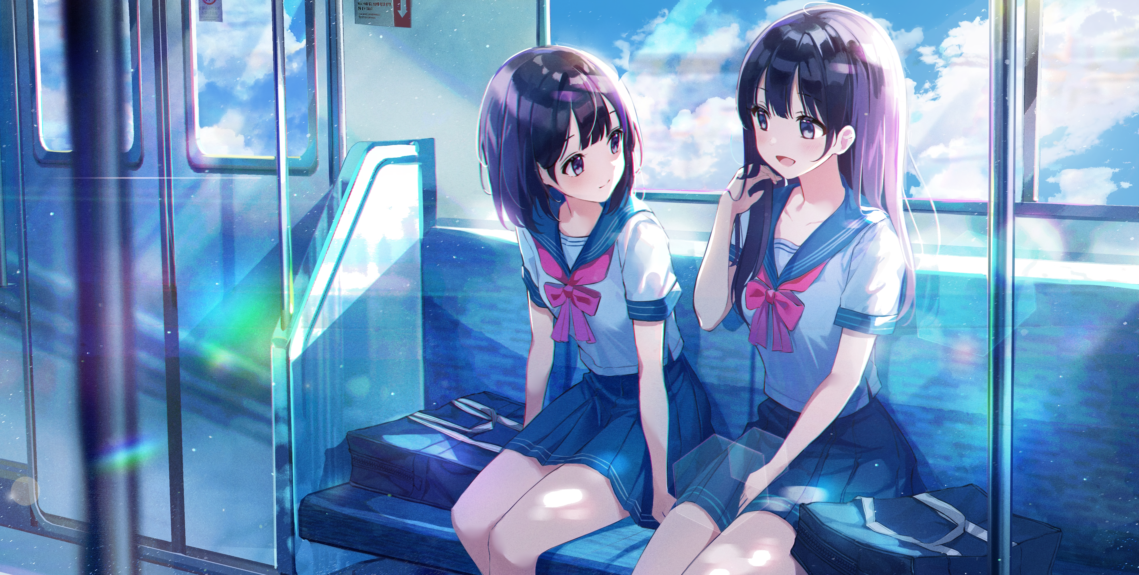 Two girls in sailor uniforms on a train HD Wallpaper