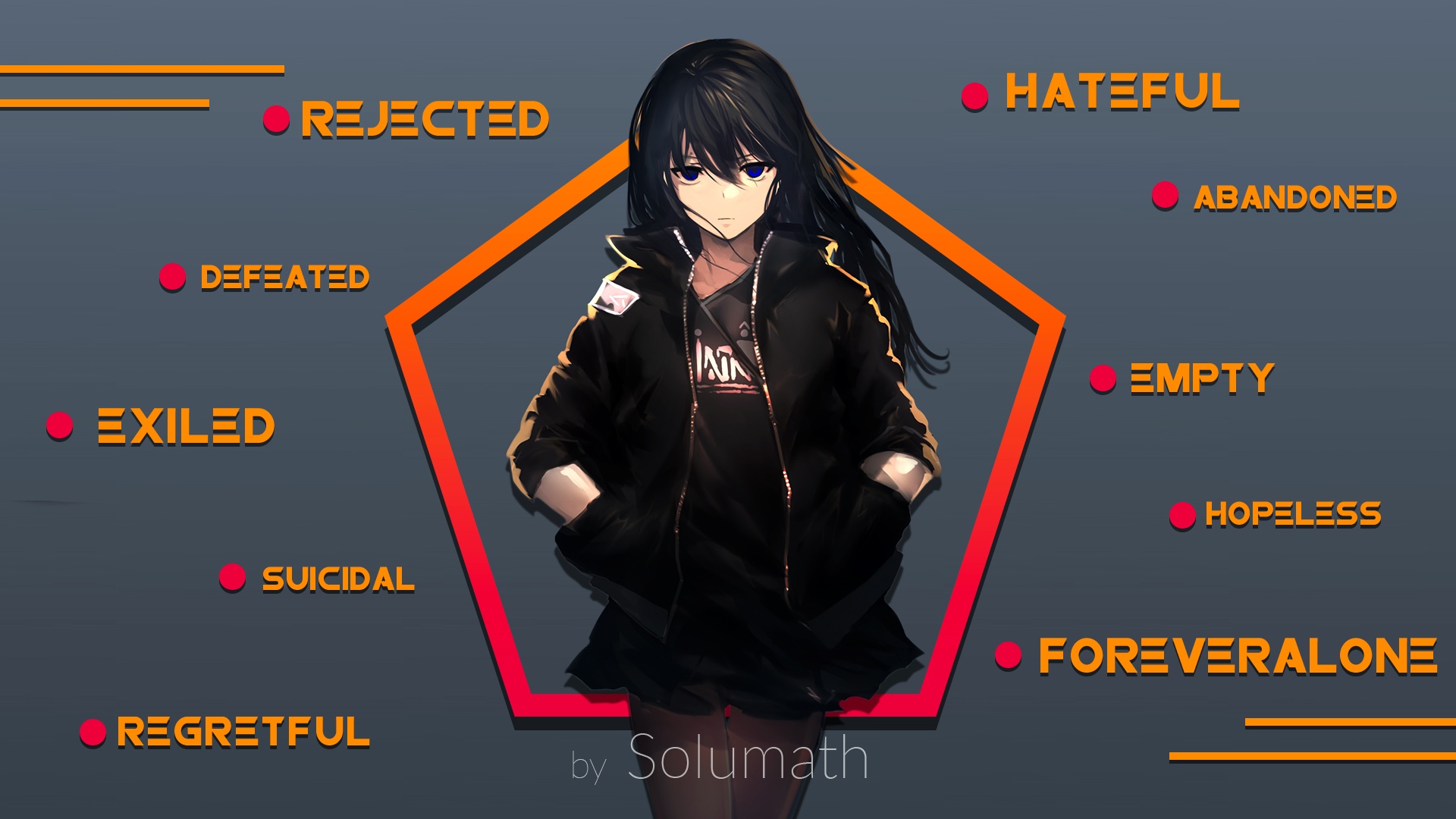 Anime girl with negative emotions listed around her HD Wallpaper