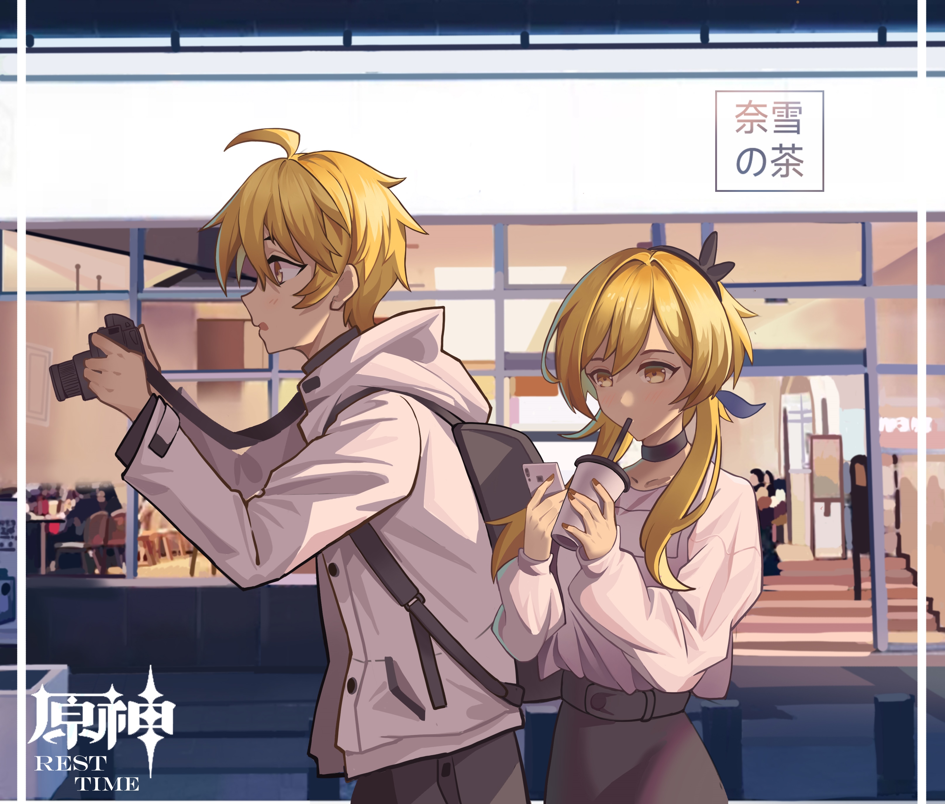 Genshin Impact: Aether and Lumine at a cafe HD Wallpaper