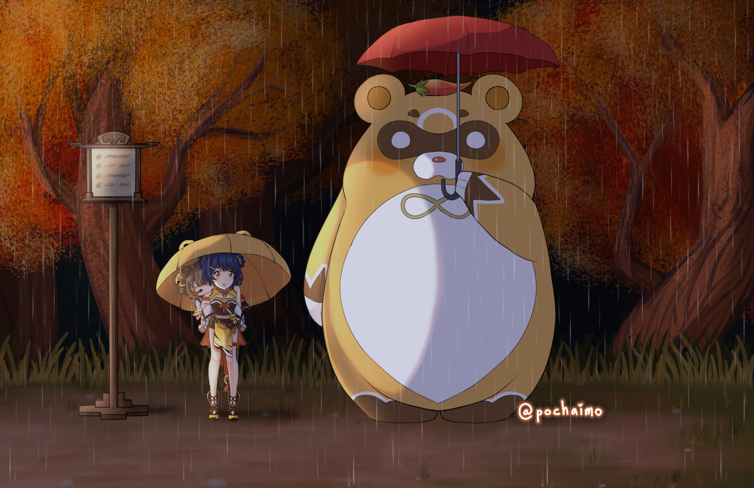 Xiangling and Yaoyao under umbrellas in the rain HD Wallpaper