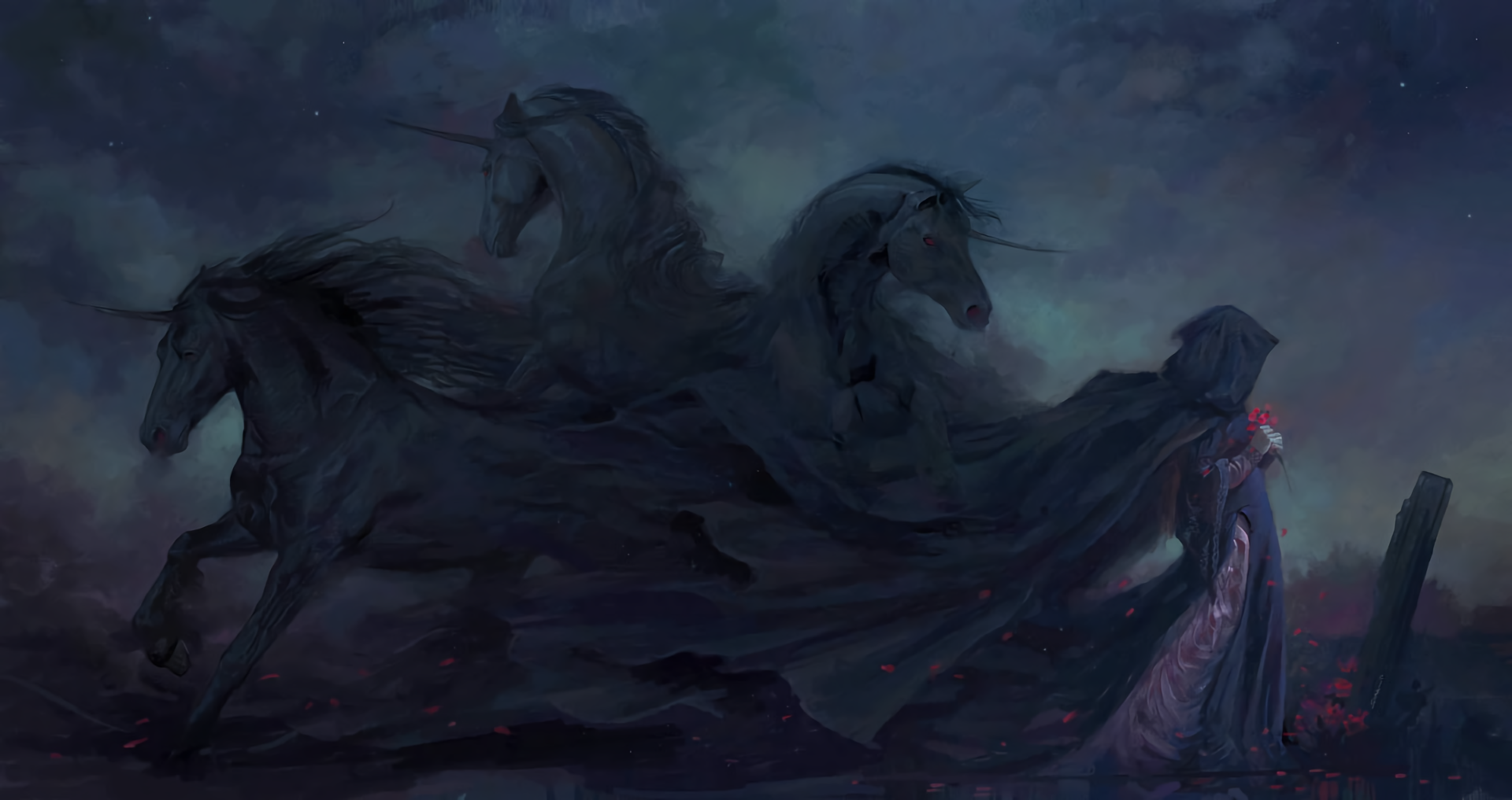 Dark unicorns and a hooded figure with red flowers HD Wallpaper