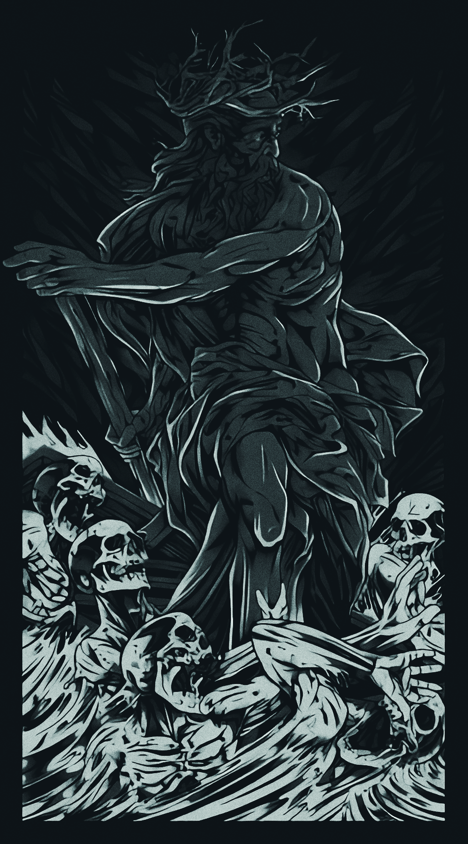 Kháron standing over skulls with a staff HD Phone Wallpaper