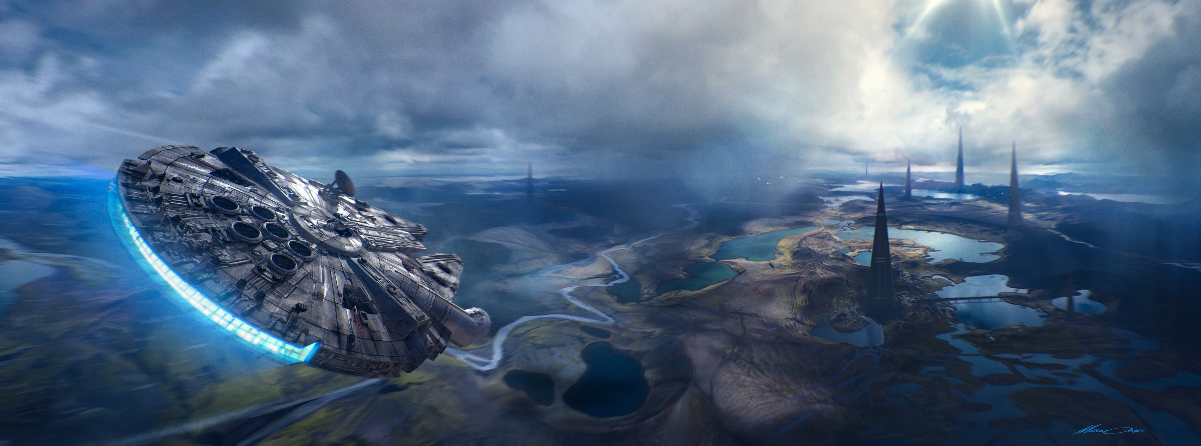 4K Star Wars Millennium Falcon over alien landscape HD Wallpaper