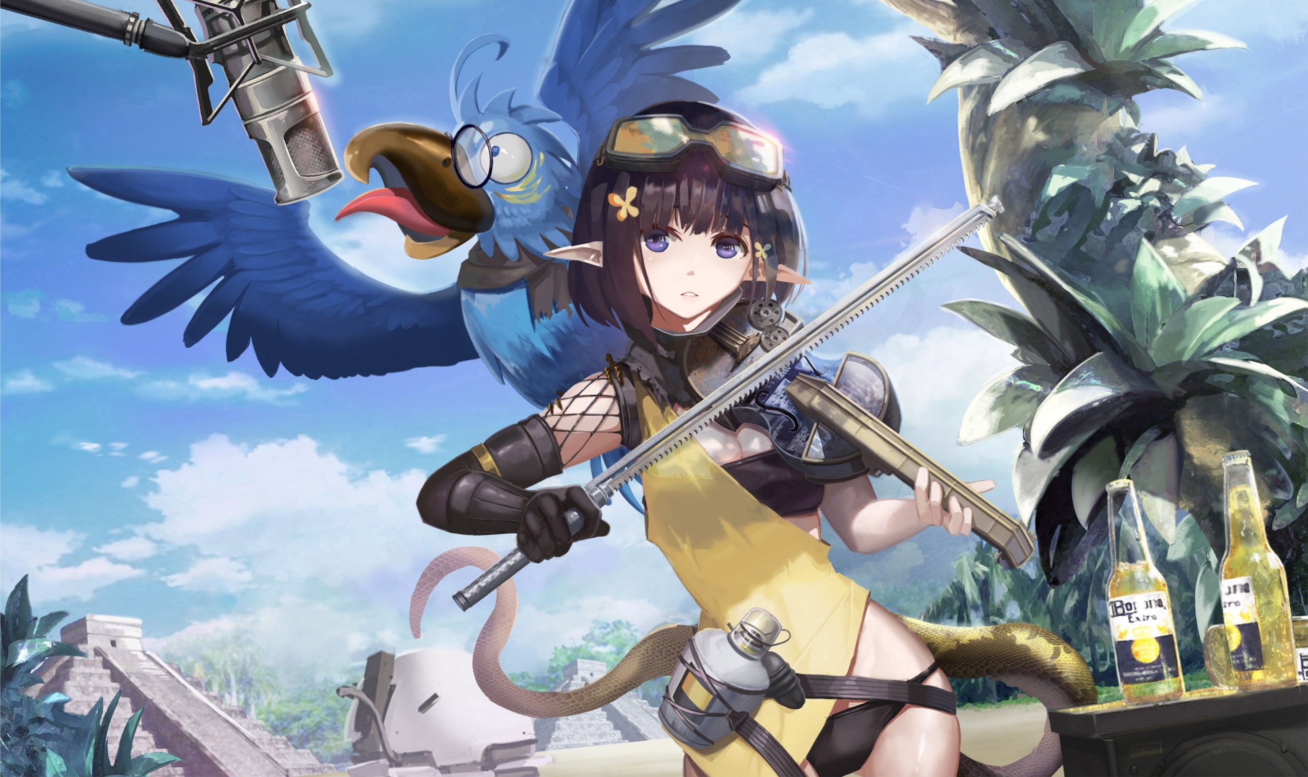 Arknights character with a bird and beer HD Wallpaper