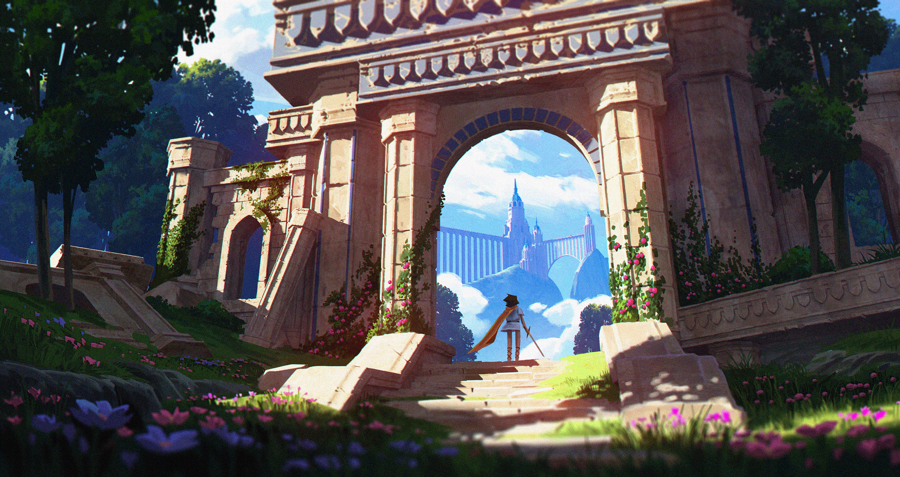 Ruined Archway with Castle in the Distance HD Wallpaper