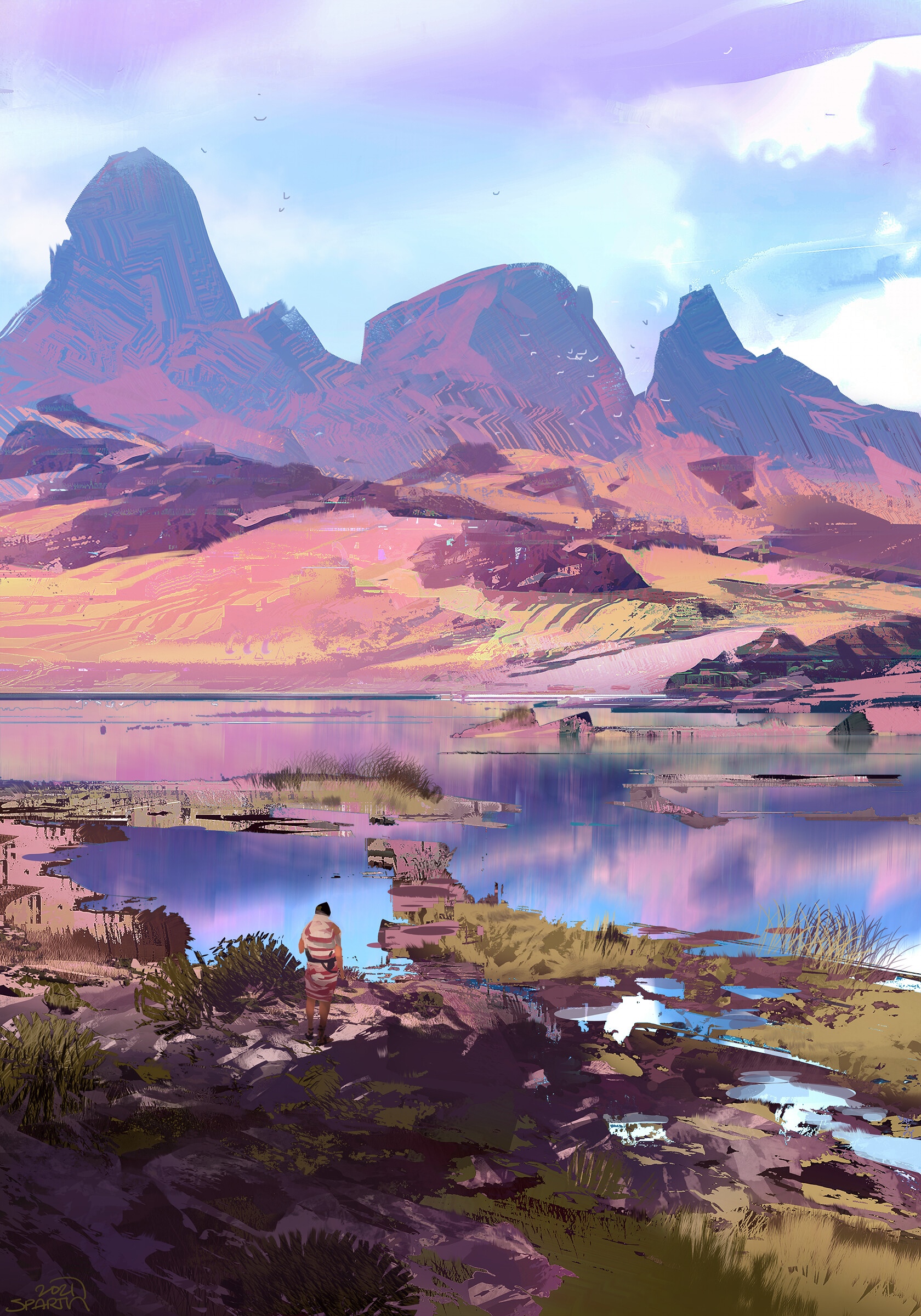 Digital art of mountains and a lake HD Phone Wallpaper