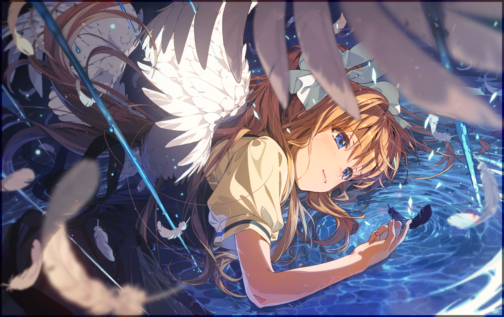 Girl with blonde hair and wings in water HD Wallpaper