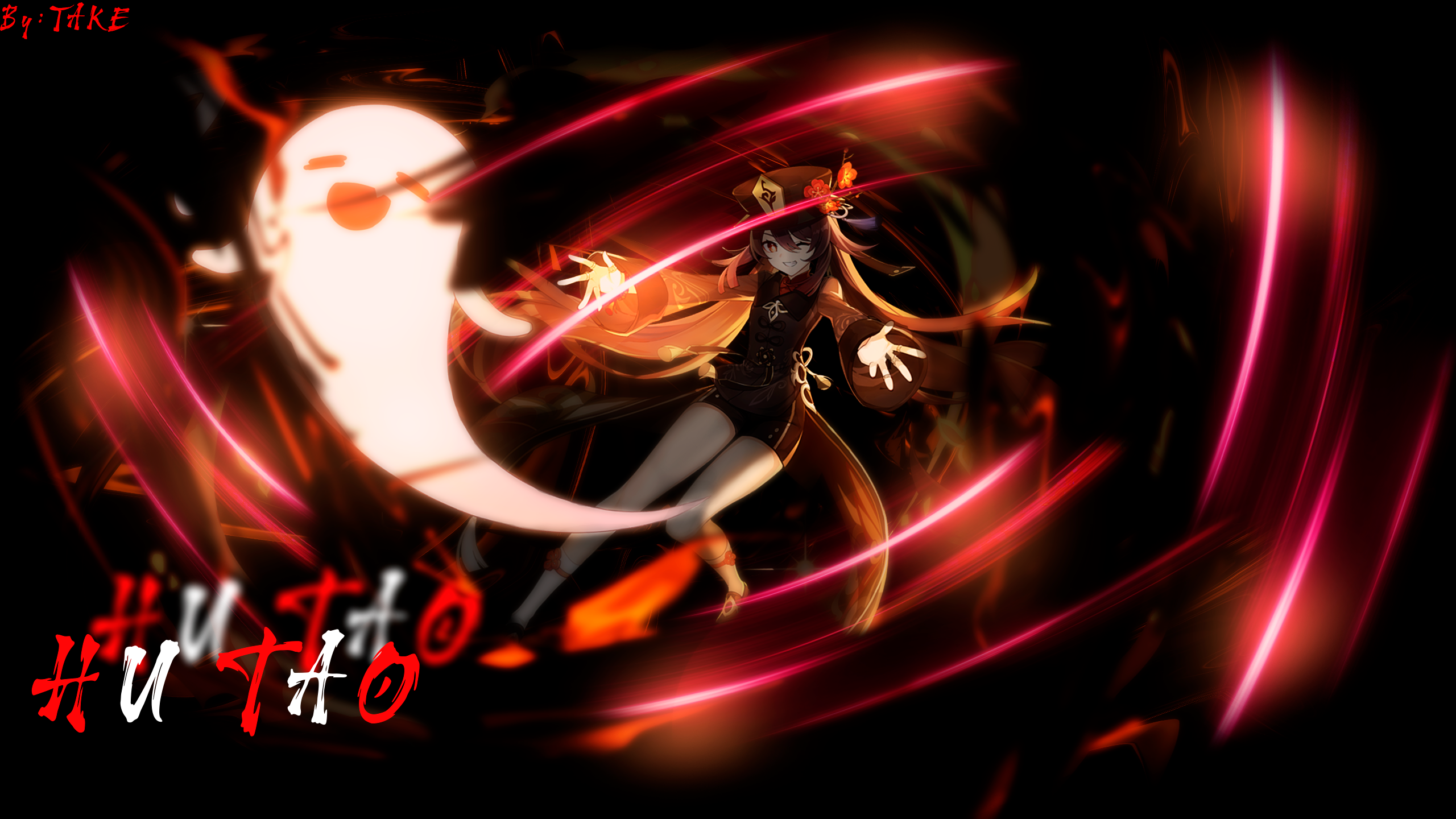 Hu Tao from Genshin Impact with a ghost HD Wallpaper