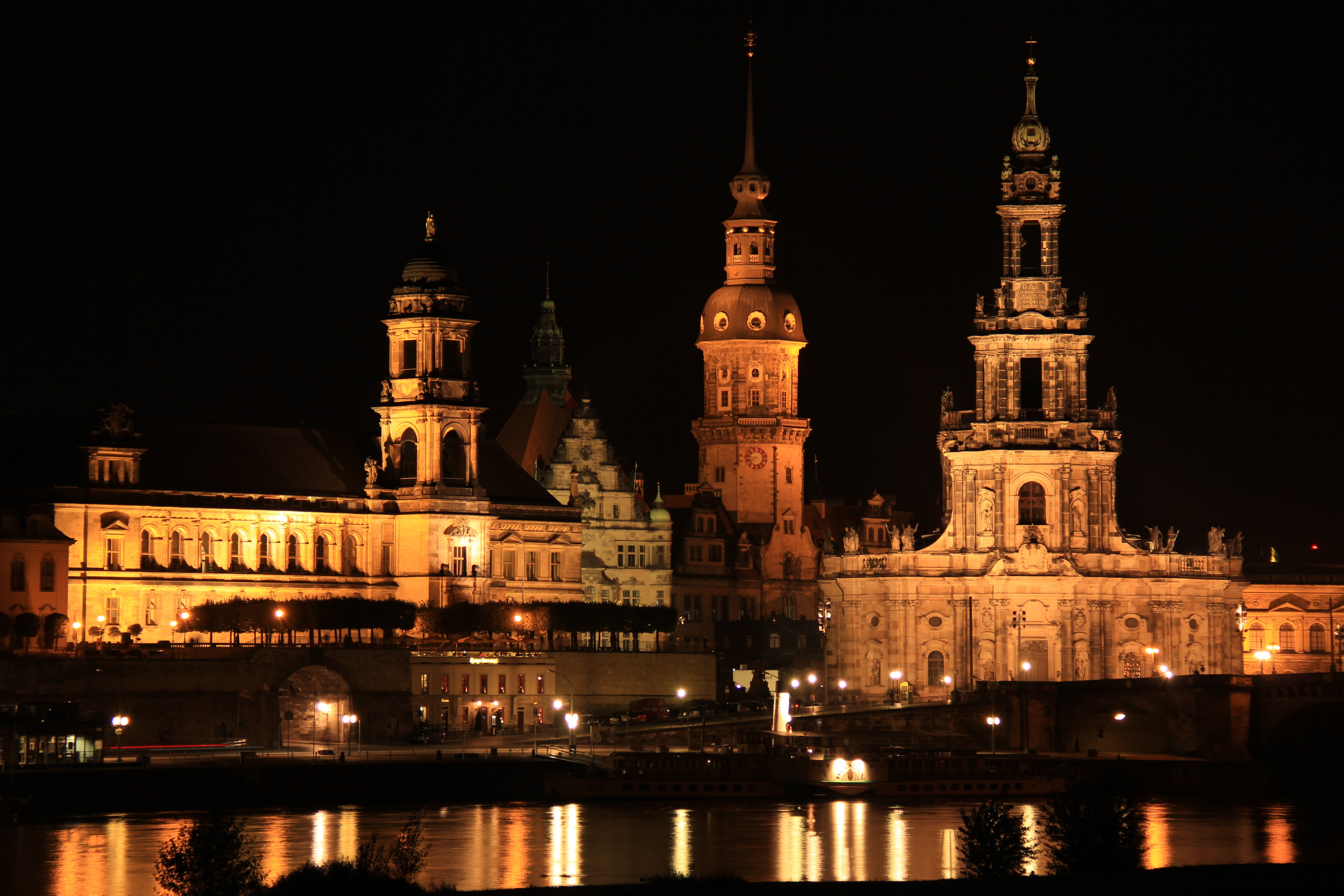 Dresden illuminated at night with river reflection HD Wallpaper