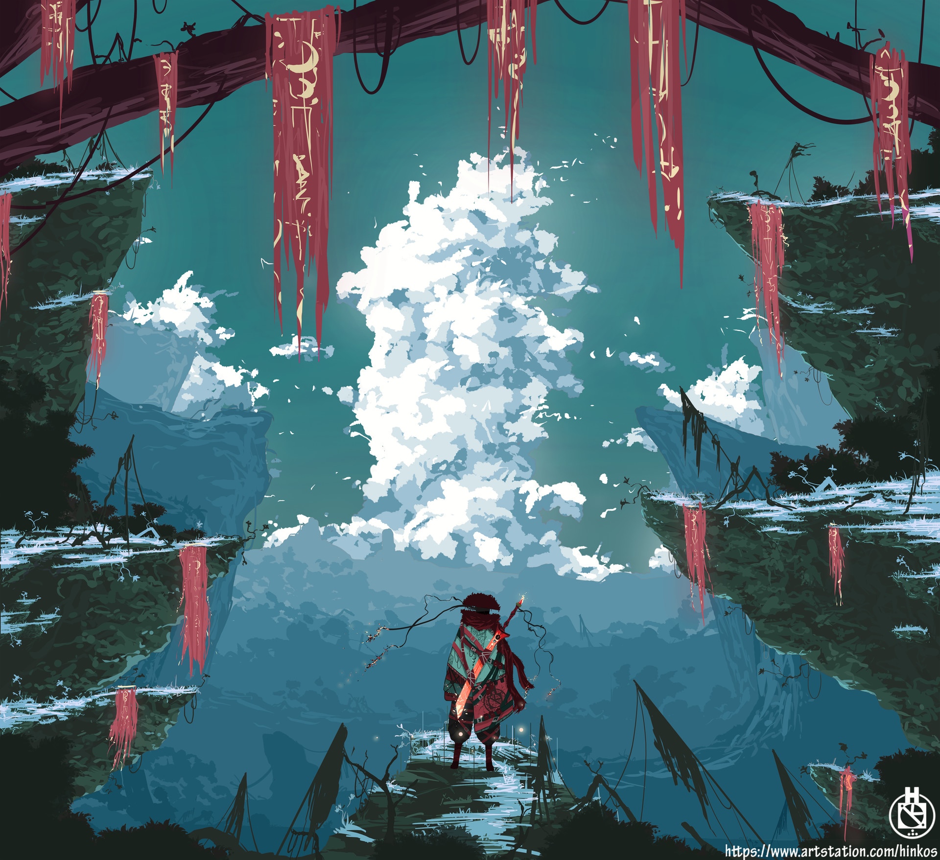 Fantasy Art of a Traveler in a Mystical Landscape HD Wallpaper