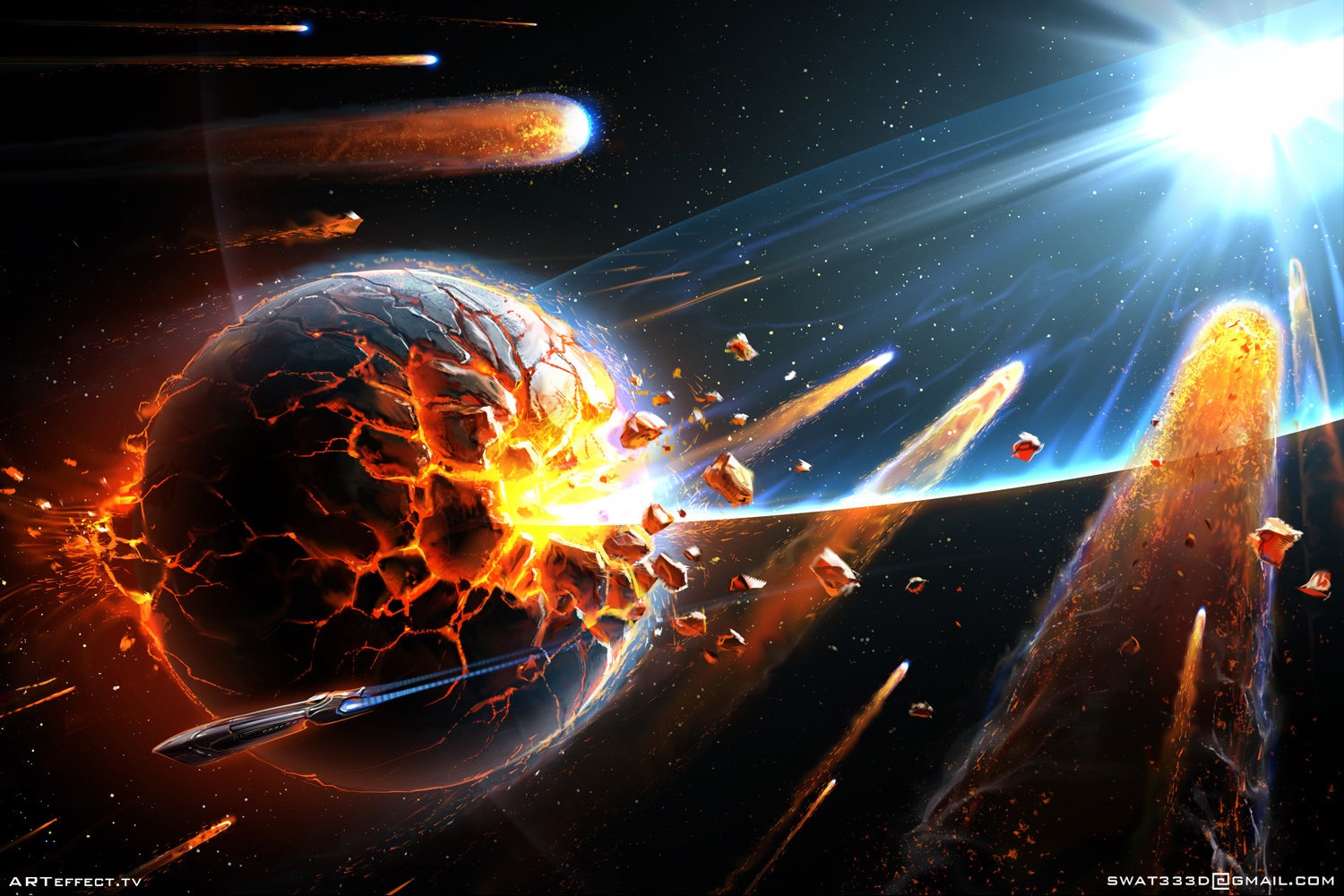 Planet exploding with meteorites and spaceship HD Wallpaper
