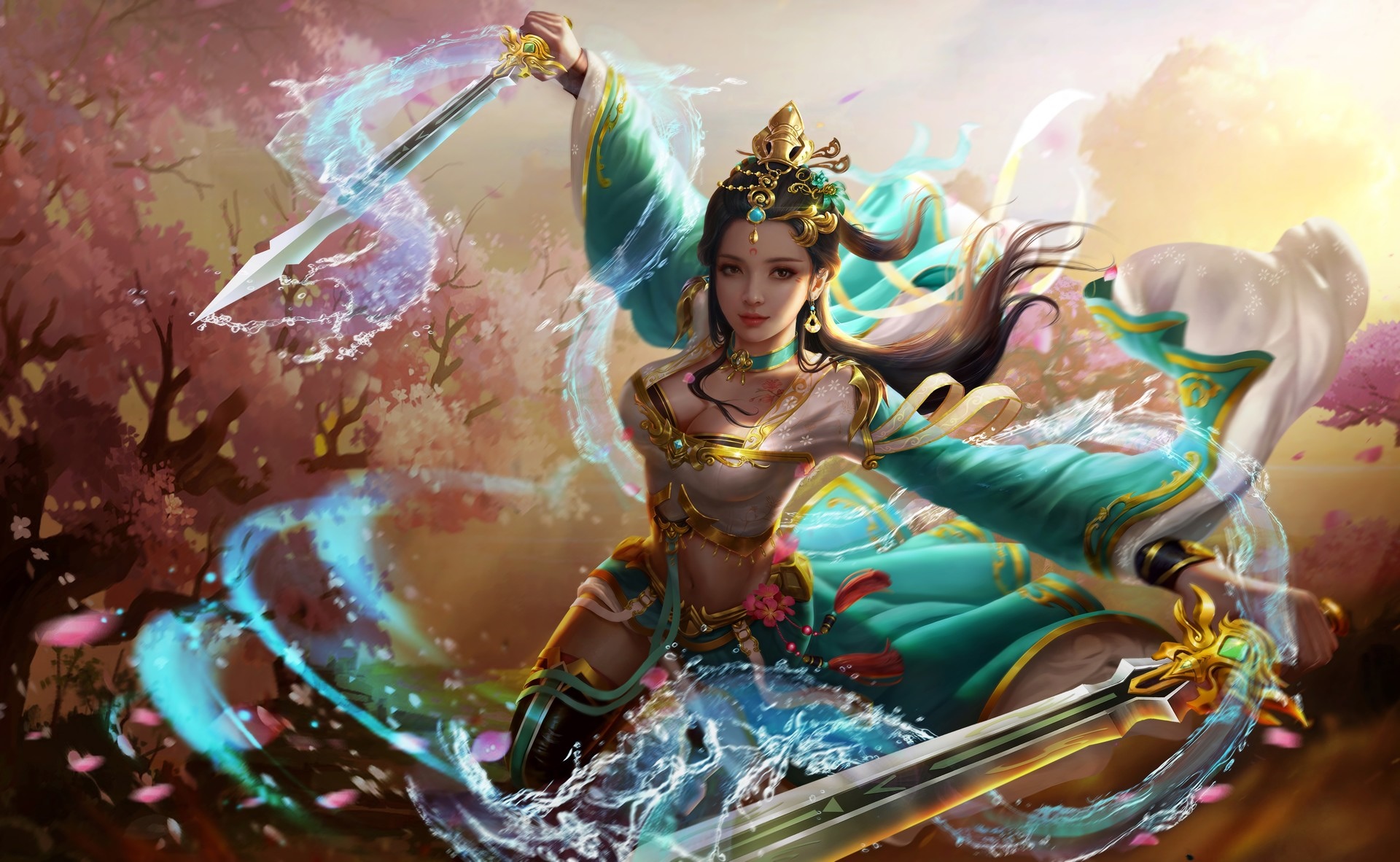 Fantasy girl with swords and water magic HD Wallpaper