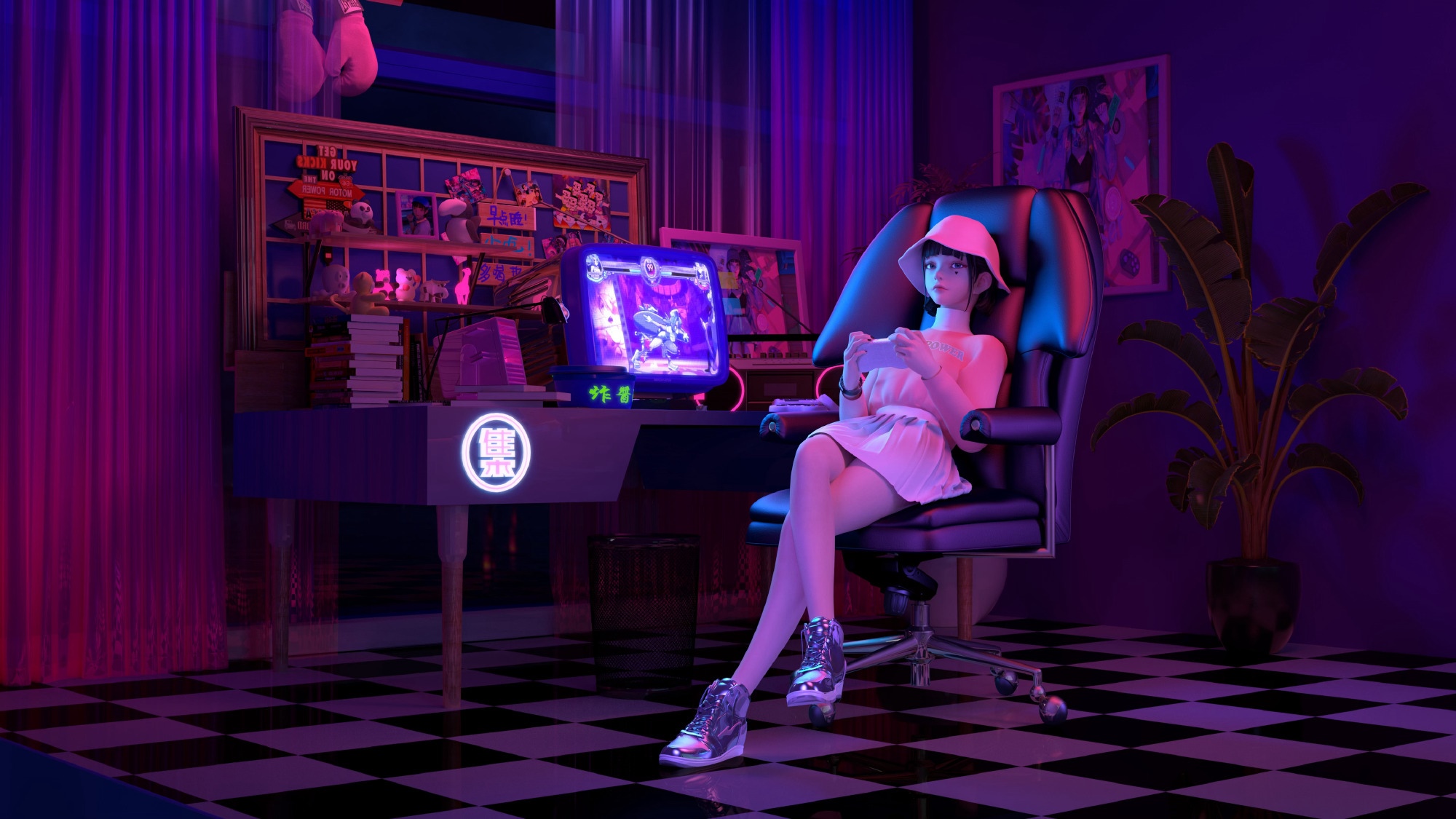 Girl in skirt playing video games in a neon-lit room HD Wallpaper