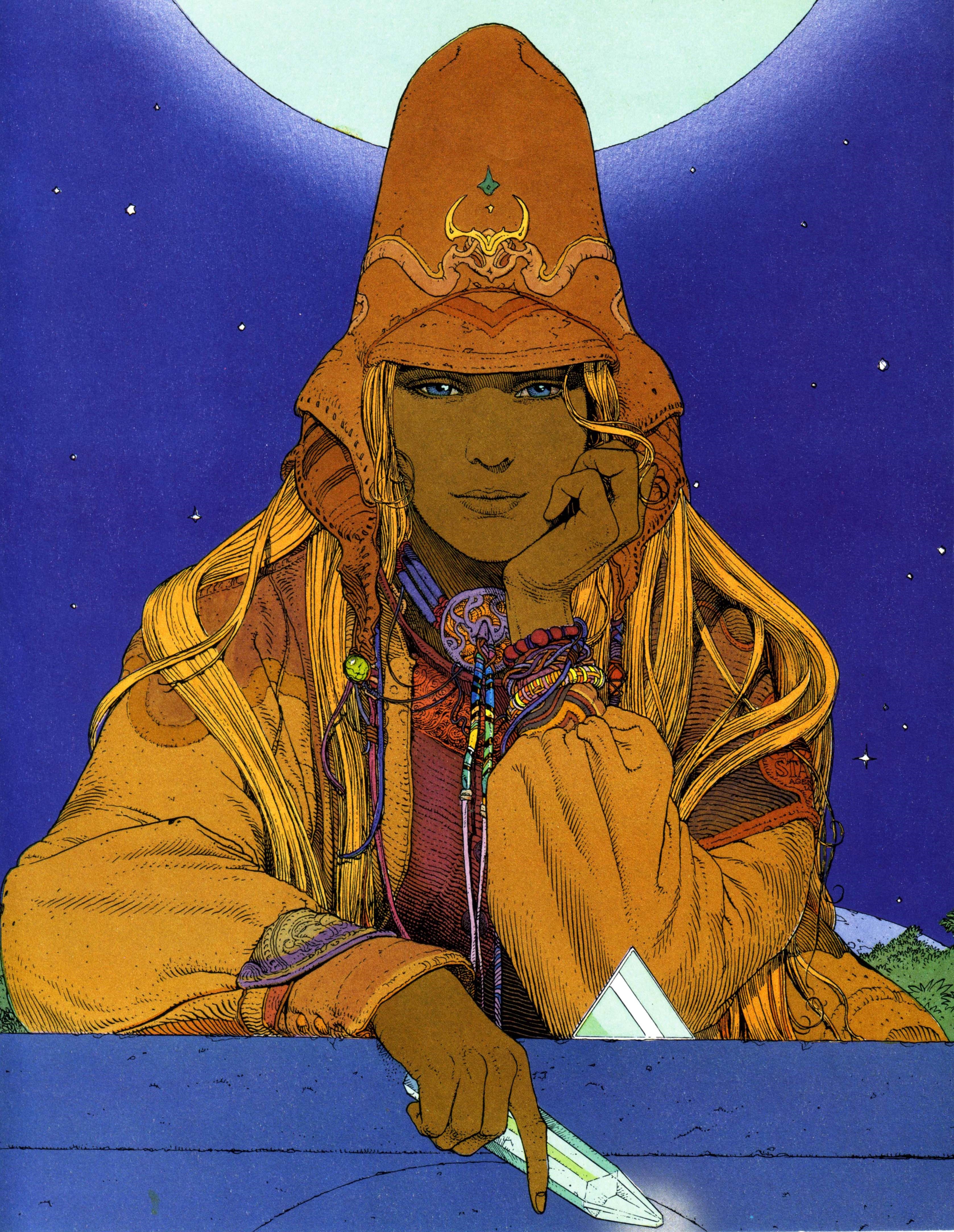 Artwork by Mœbius featuring a woman in a hooded robe HD Phone Wallpaper