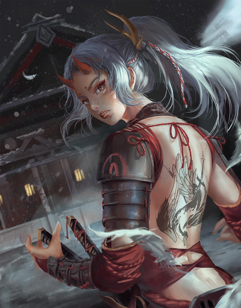 Windami with horns and a tattoo holding a katana HD Phone Wallpaper