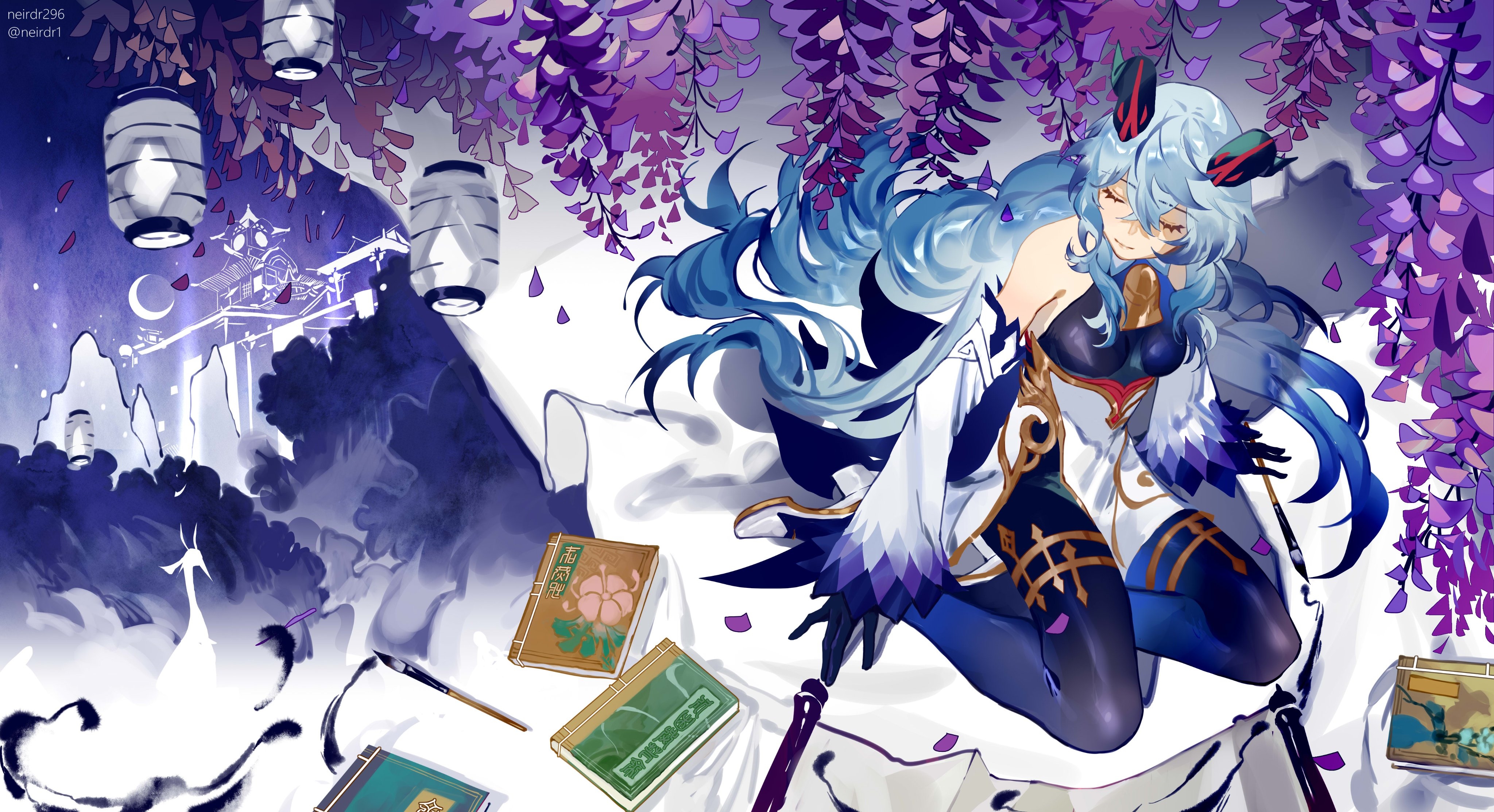 Ganyu from Genshin Impact under wisteria HD Wallpaper