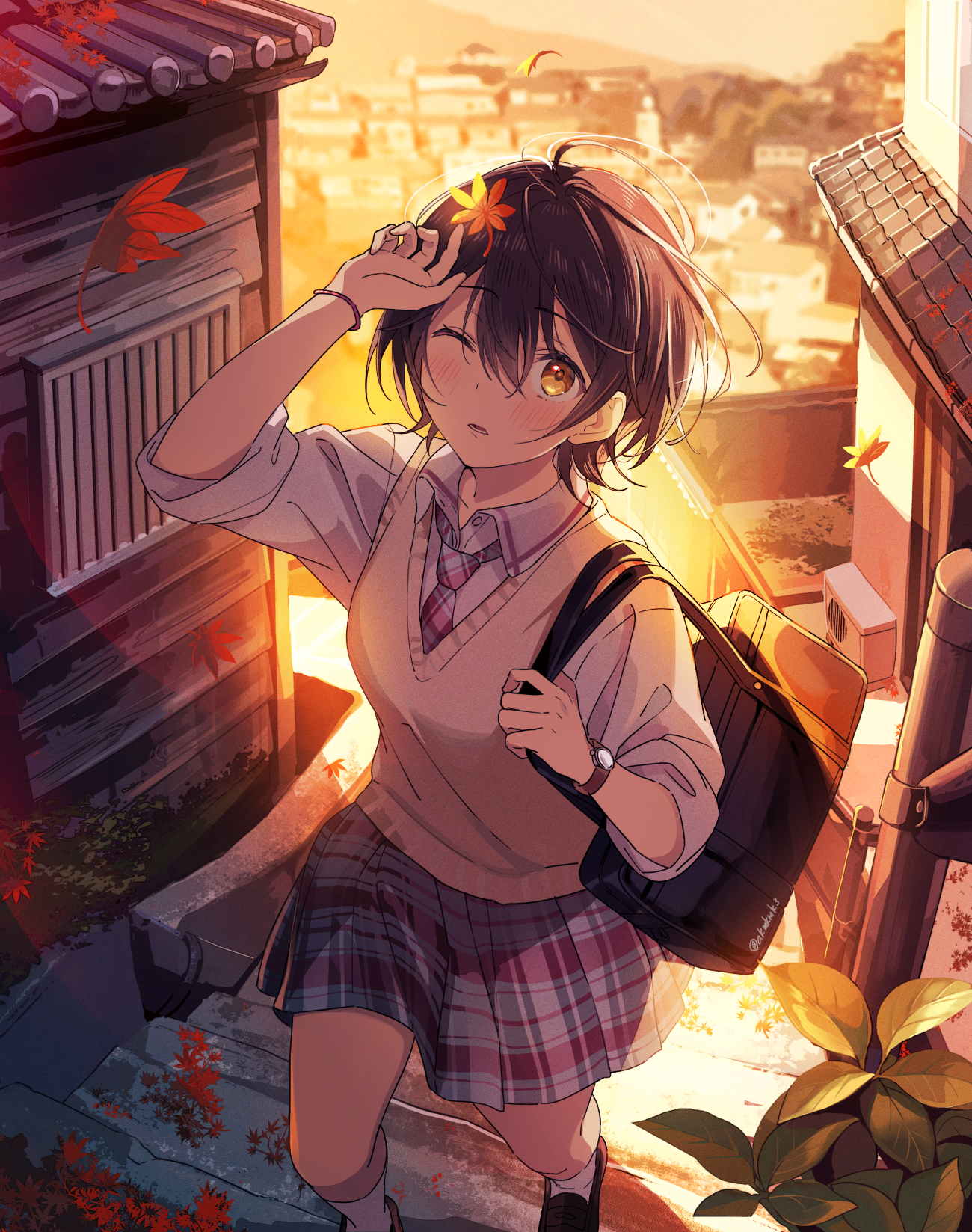 Girl in school uniform walking on stairs in fall HD Phone Wallpaper