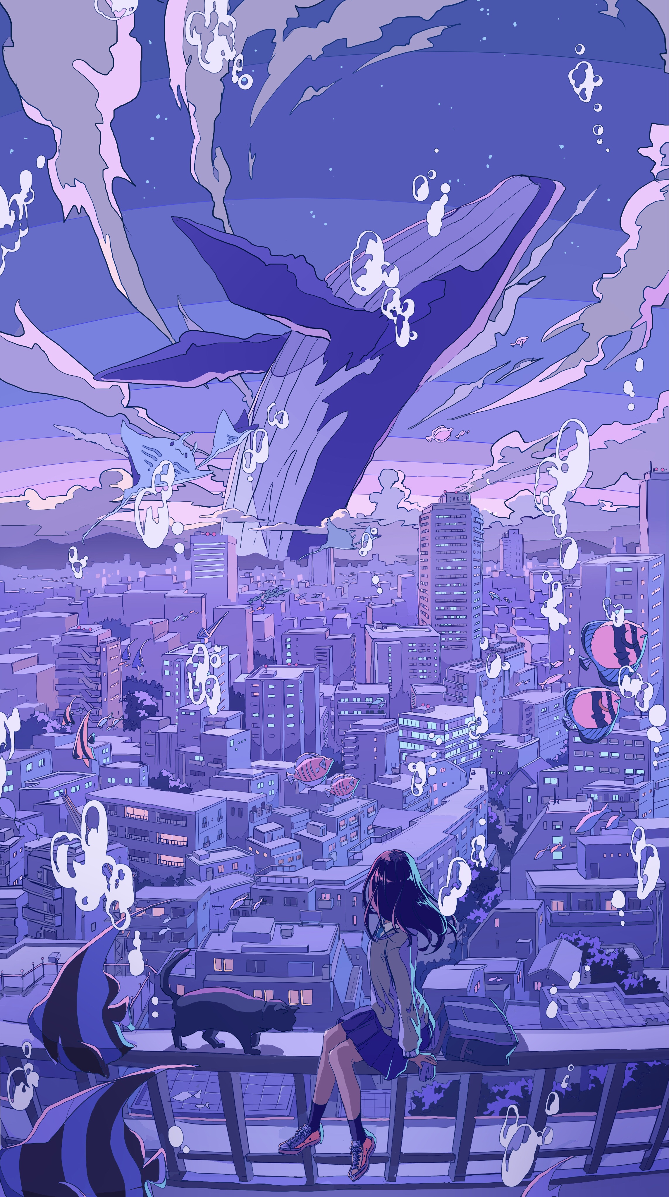 Anime cityscape with a whale and fish HD Phone Wallpaper