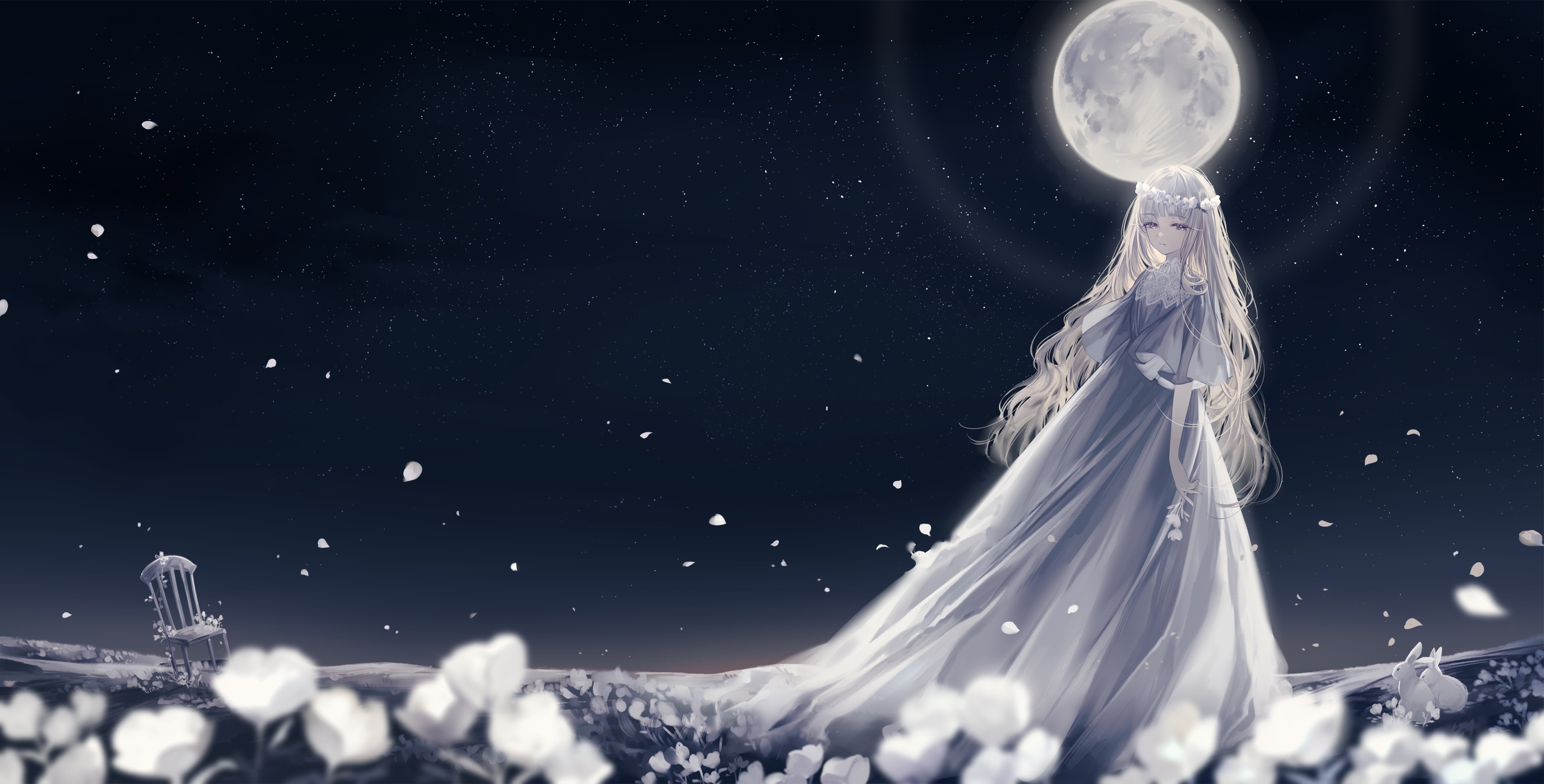 Anime girl in white dress under the moon HD Wallpaper