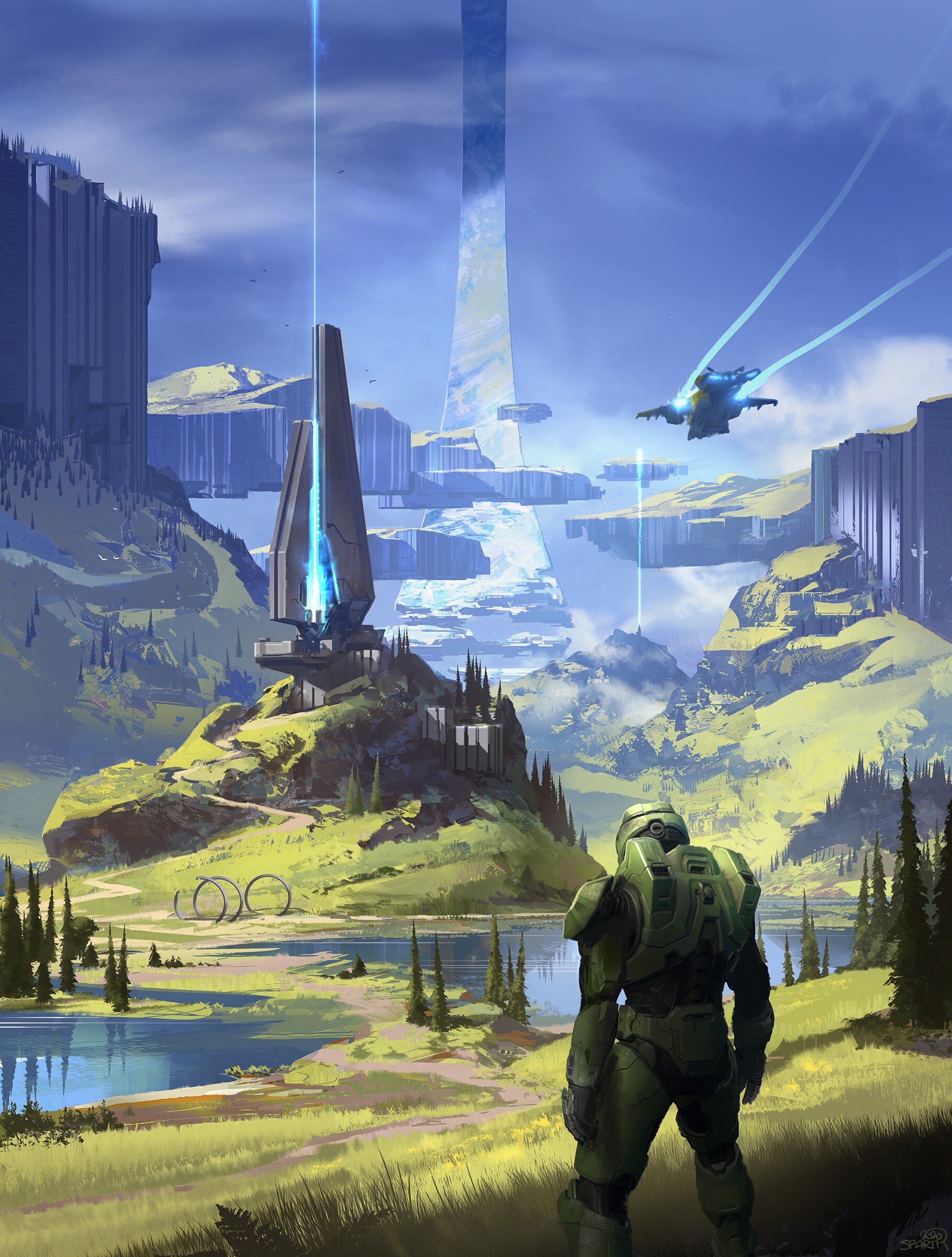 Master Chief looks at Halo Infinite landscape with UNSC ship HD Phone Wallpaper