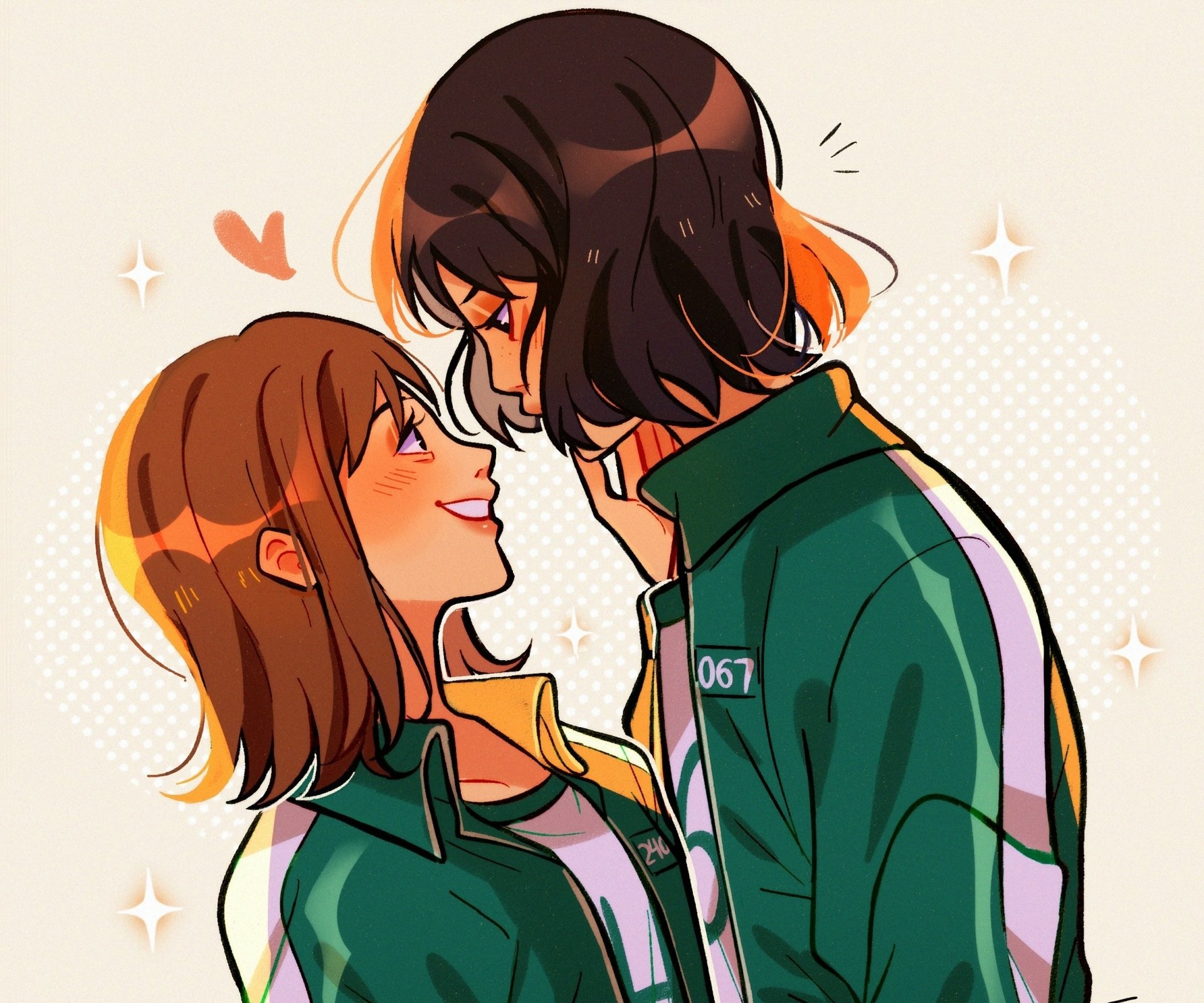 Squid Game characters 067 and 240 in romantic embrace HD Wallpaper