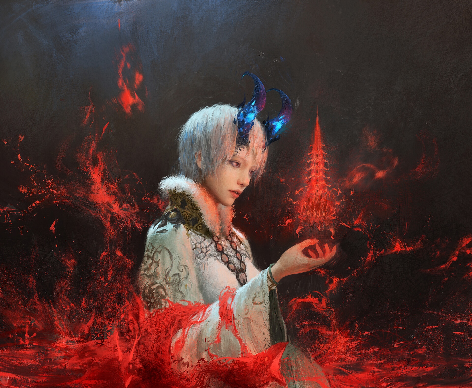 Fantasy art of a demon with blue horns HD Wallpaper