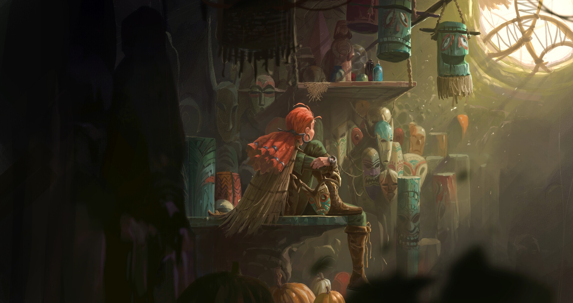 Fantasy art of a person in a shop HD Wallpaper