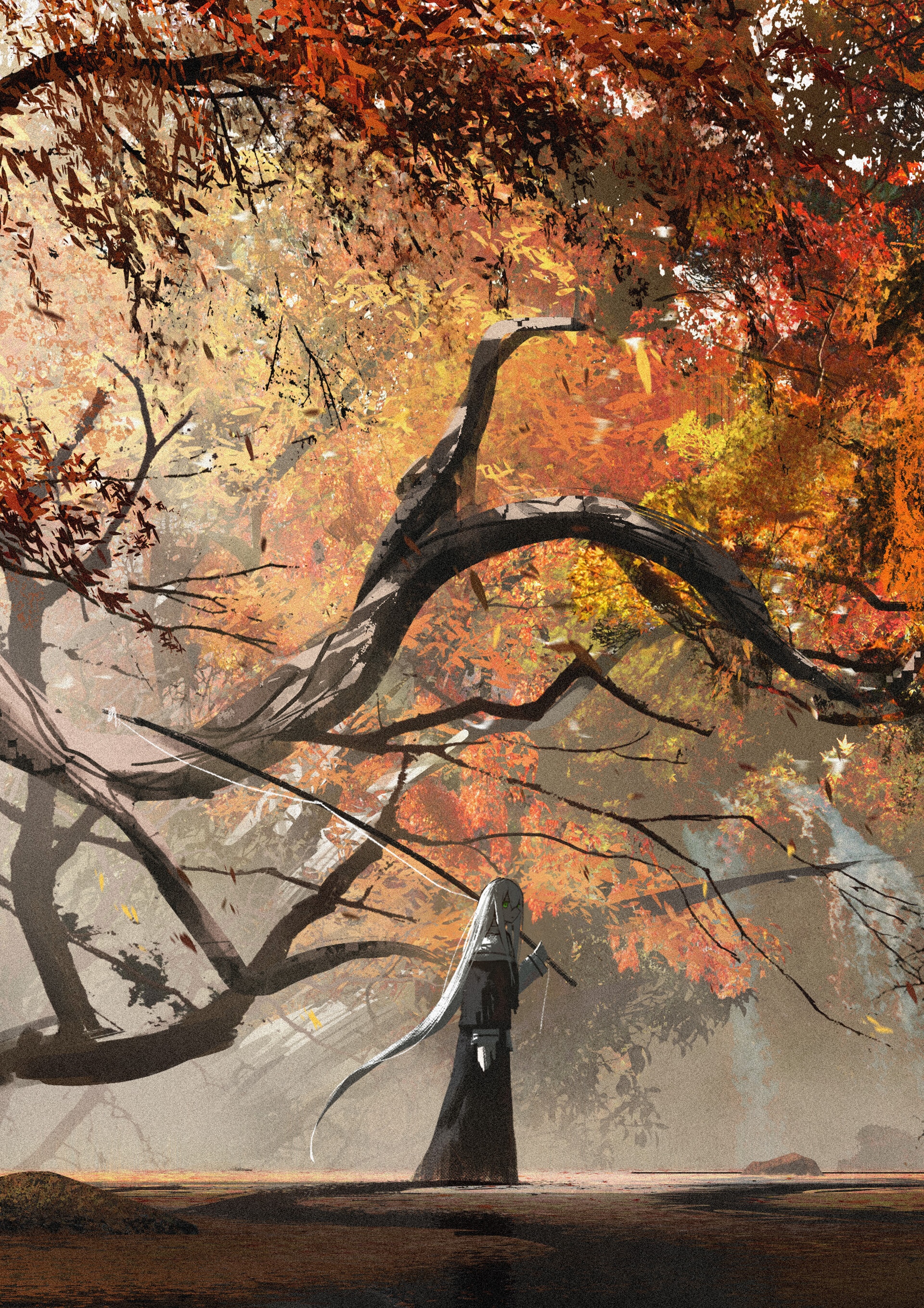 Fantasy art of a person with long white hair holding a staff HD Phone Wallpaper