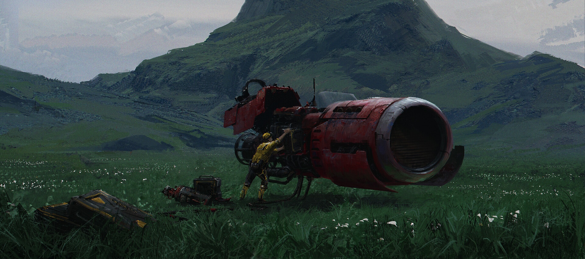 No Man's Sky: A character repairs a red vehicle in a grassy field. HD Wallpaper
