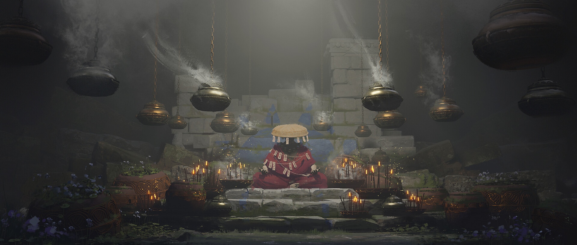 Fantasy art of a meditating figure in a ritualistic setting HD Wallpaper