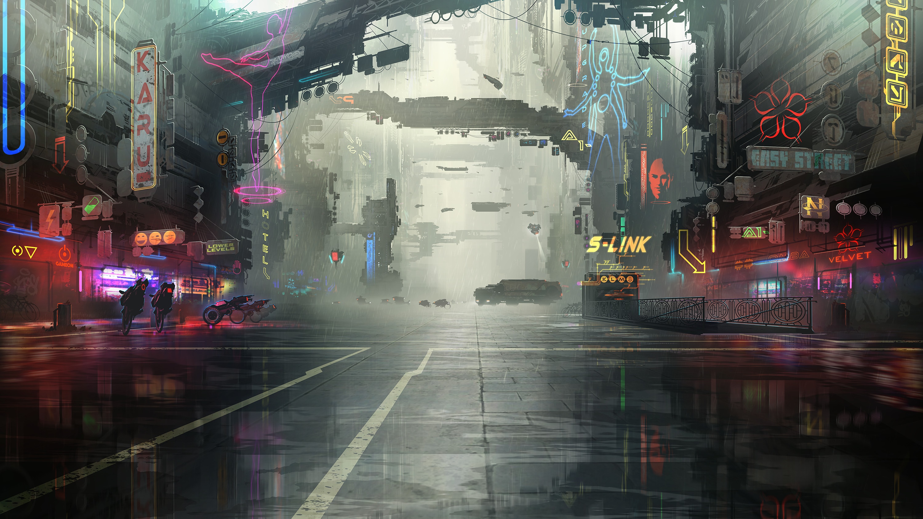 Cyberpunk city street with neon signs and rain HD Wallpaper