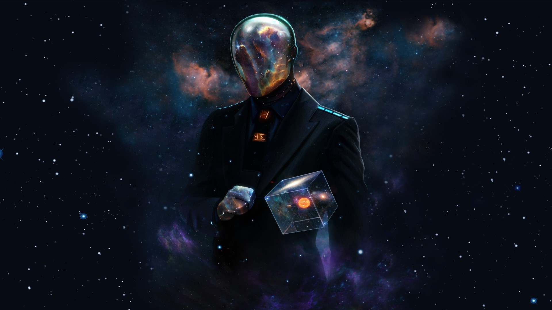 Man with galaxy for a head holding a cube HD Wallpaper