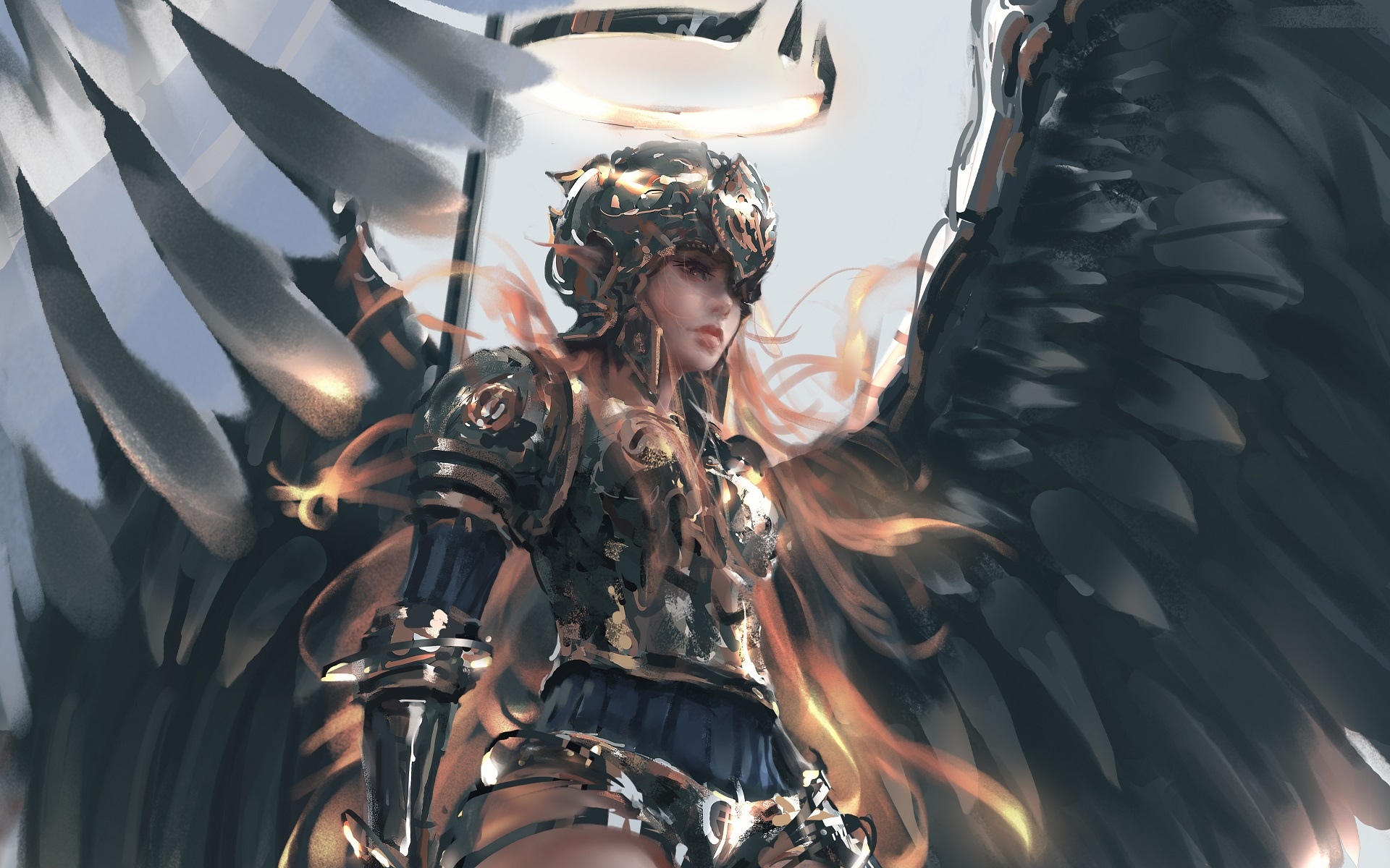 Fantasy art of a woman with black wings and armor HD Wallpaper