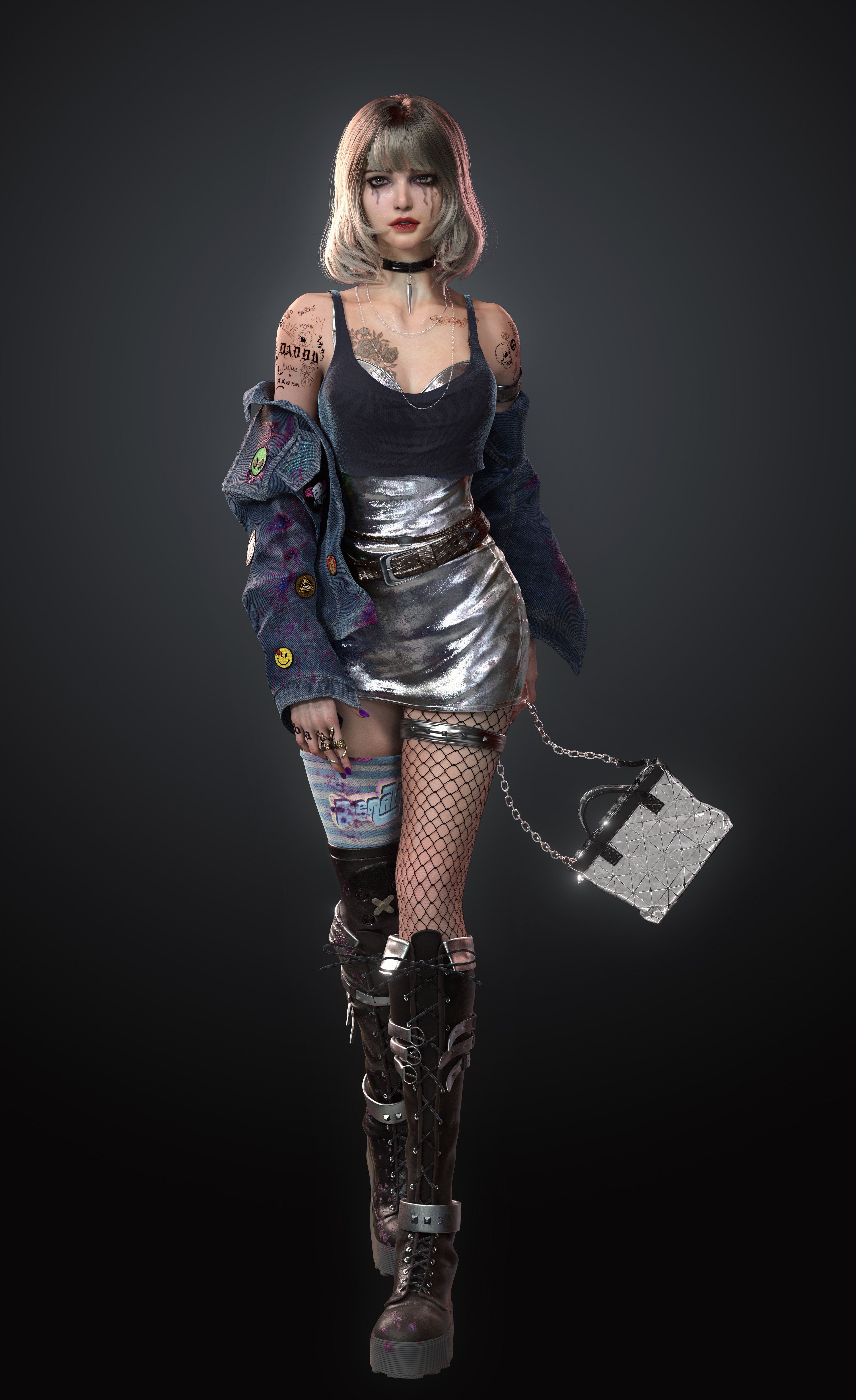 4K blonde woman with tattoos and silver clothing HD Phone Wallpaper