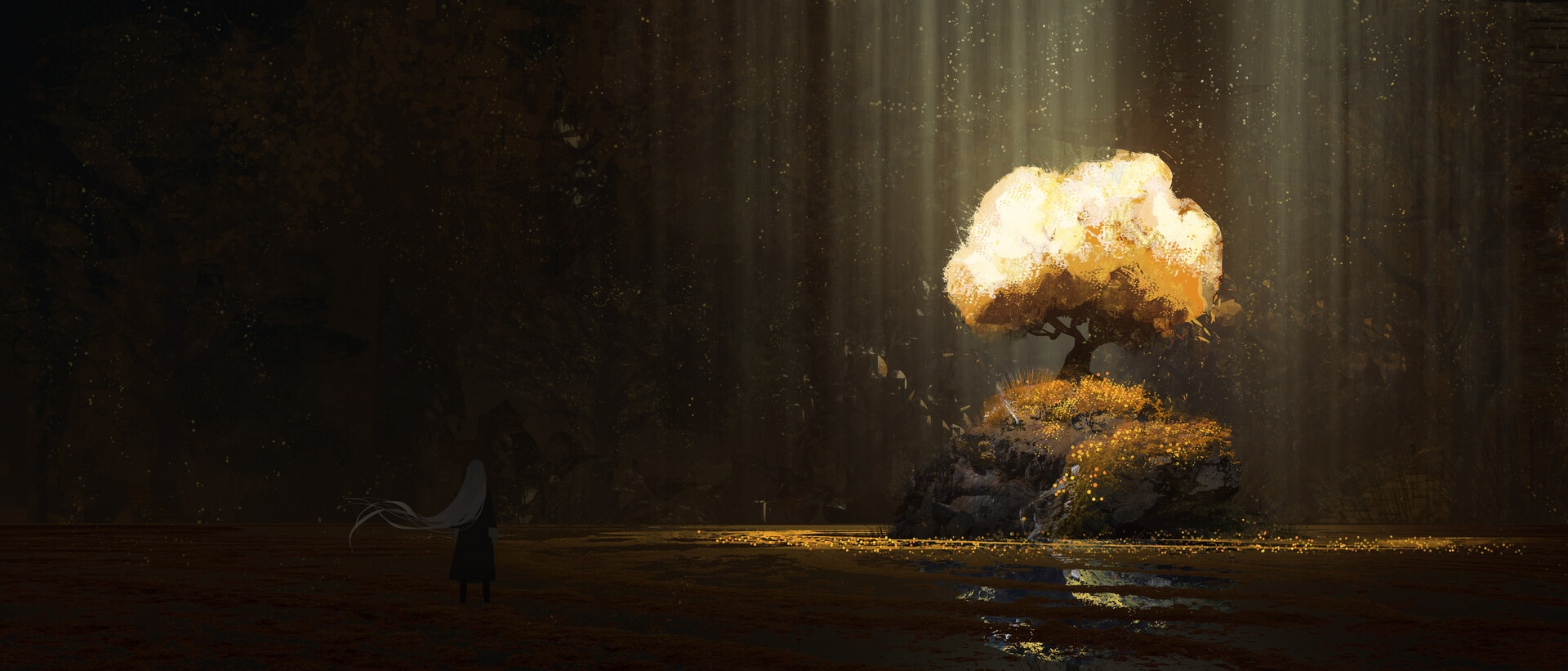 A lone figure stands before a glowing tree on a rocky island HD Wallpaper