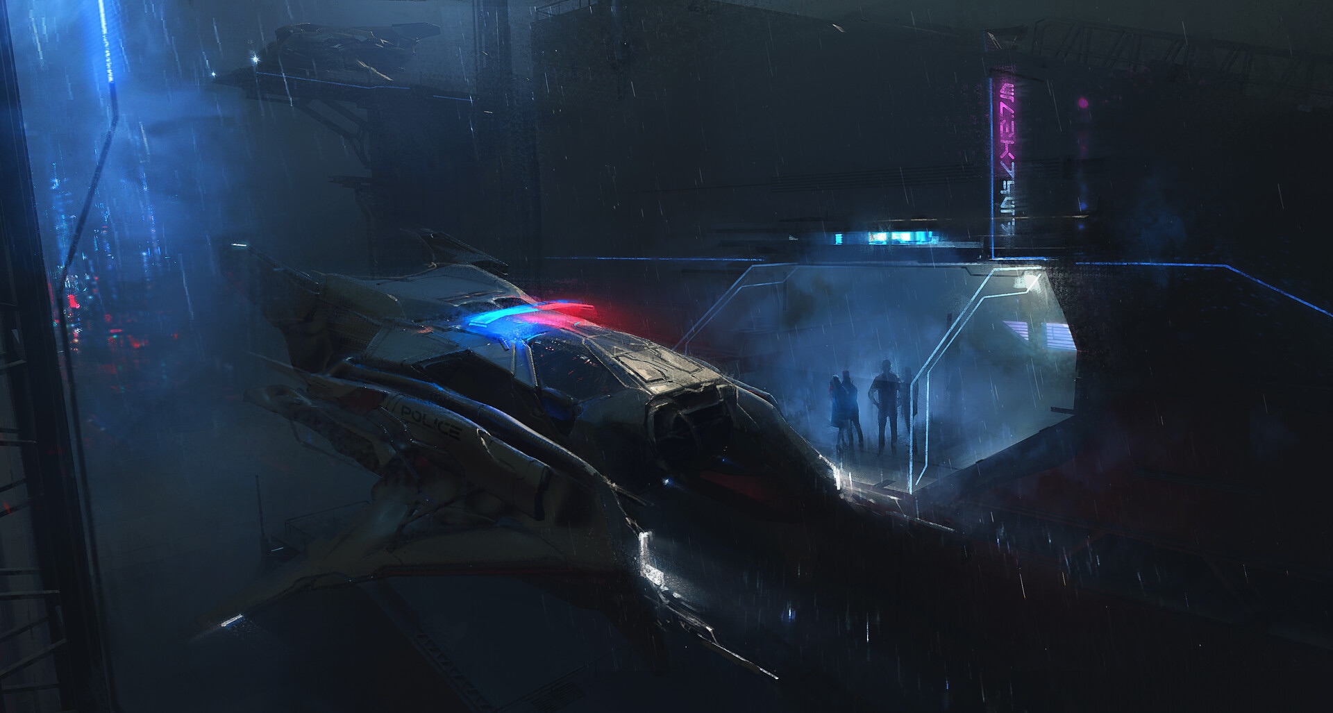 Cyberpunk police vehicle in a rainy futuristic city HD Wallpaper