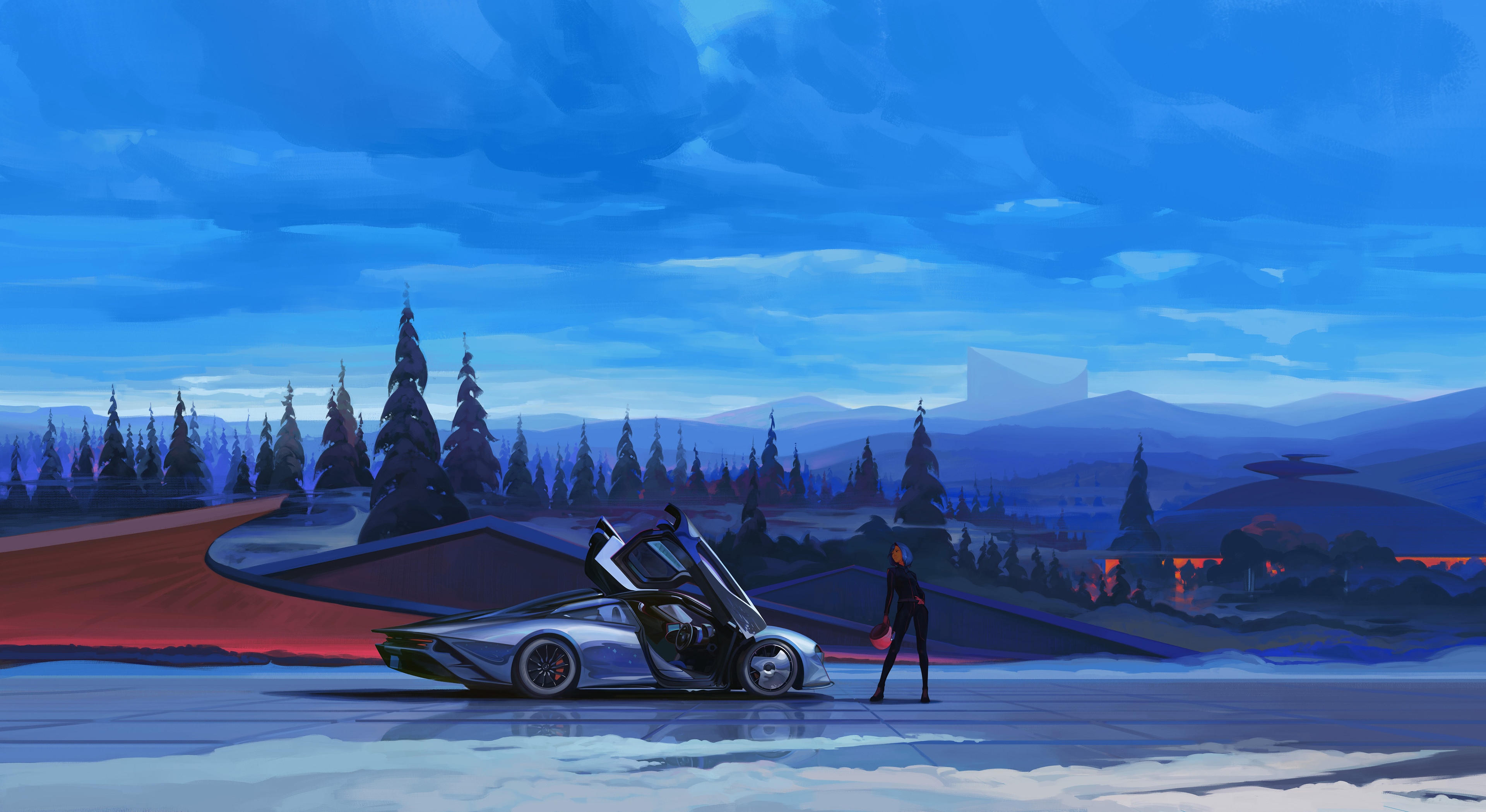 McLaren Speedtail with a person in a futuristic landscape HD Wallpaper