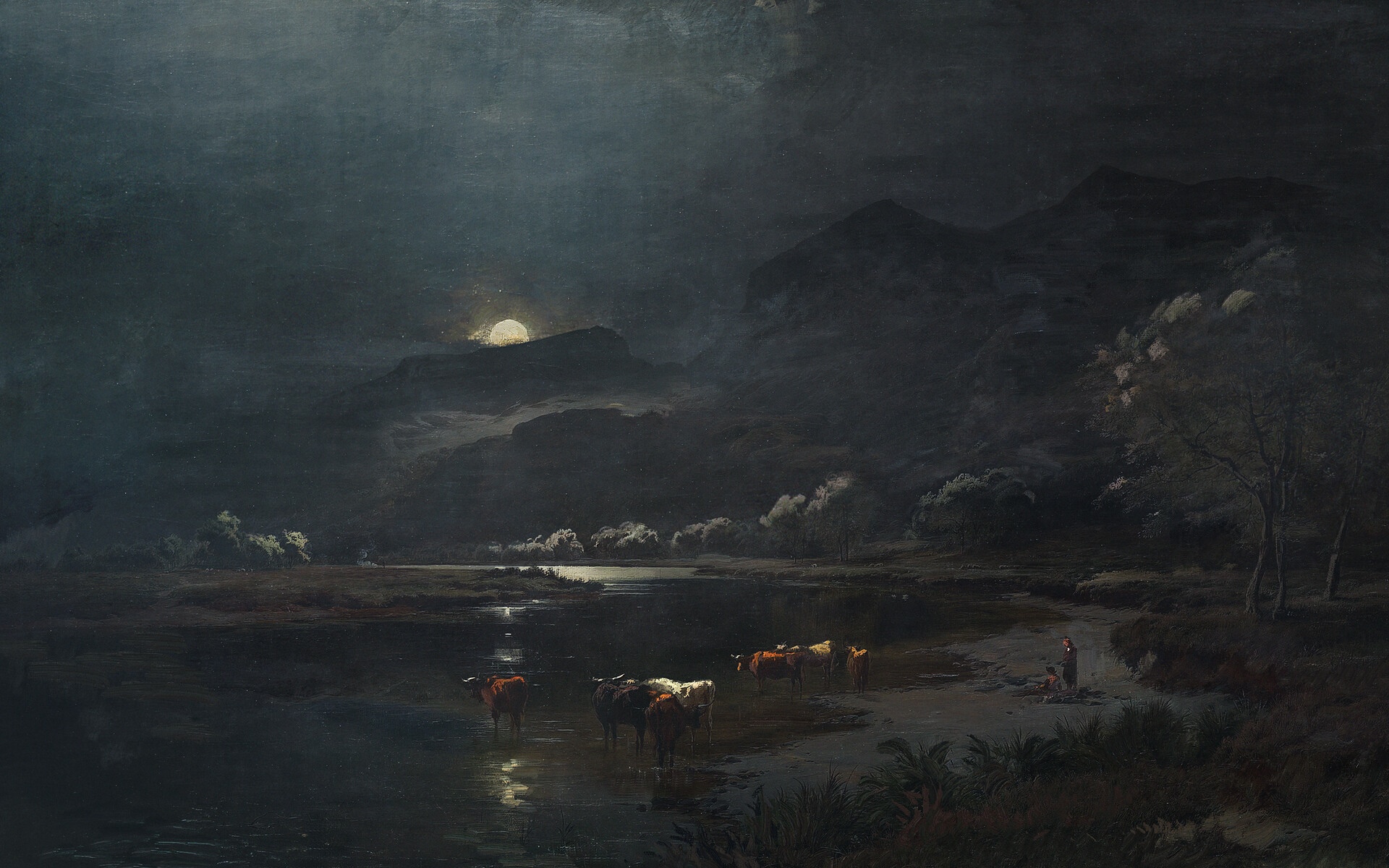 Cows in a moonlit landscape with mountains HD Wallpaper