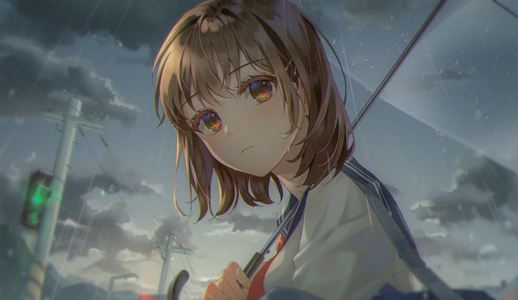 Anime girl with umbrella in the rain HD Wallpaper