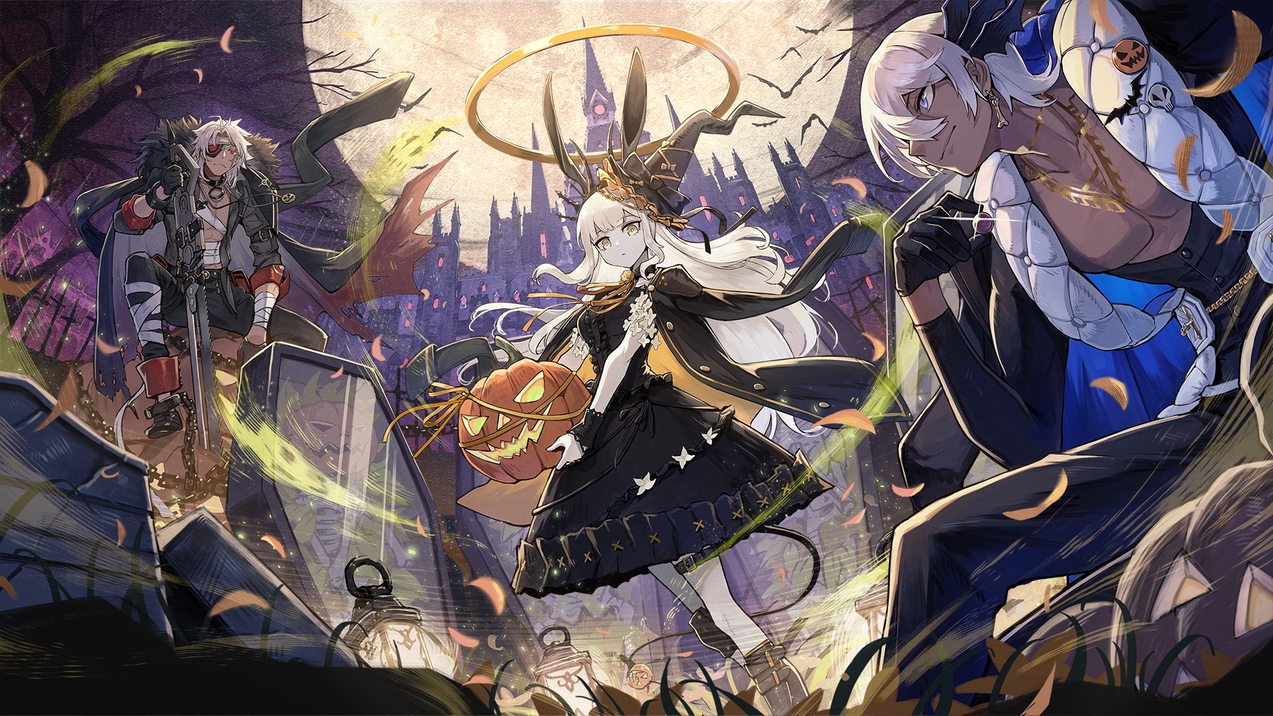 Alchemy Stars Halloween characters with pumpkins and gothic architecture HD Wallpaper