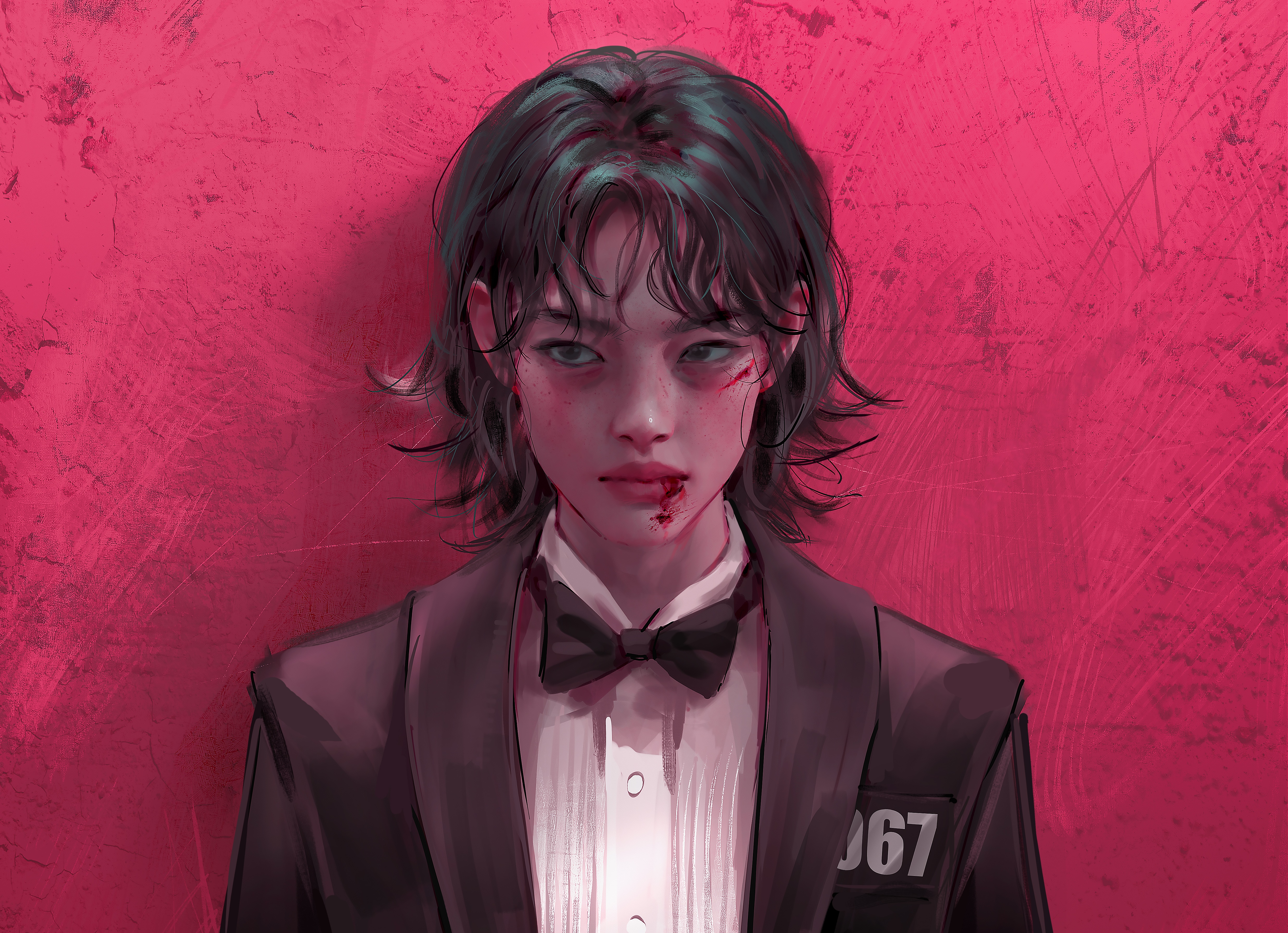 4K drawing of a bloody woman with number 067 HD Wallpaper