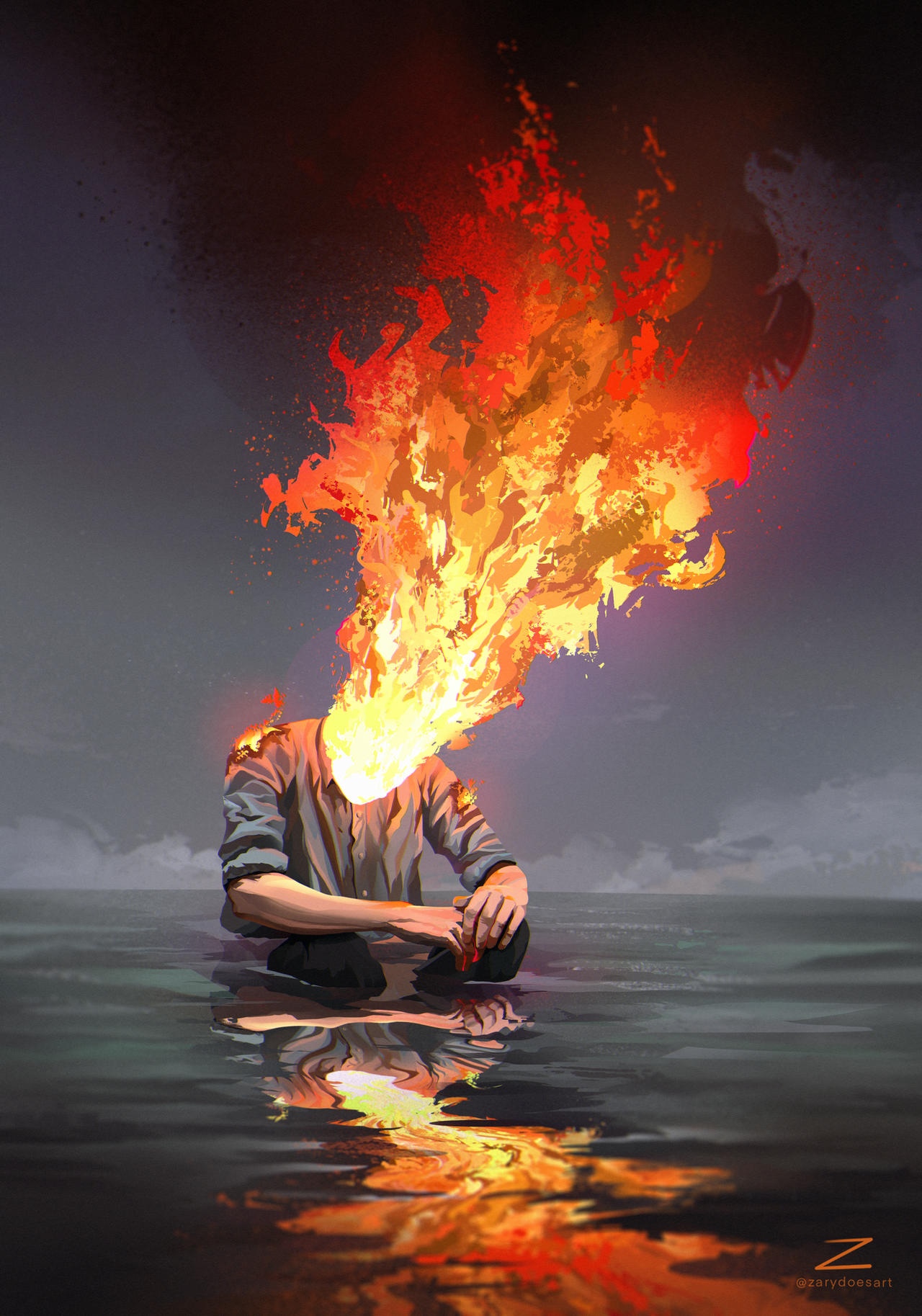 Man with head on fire sitting in water HD Phone Wallpaper