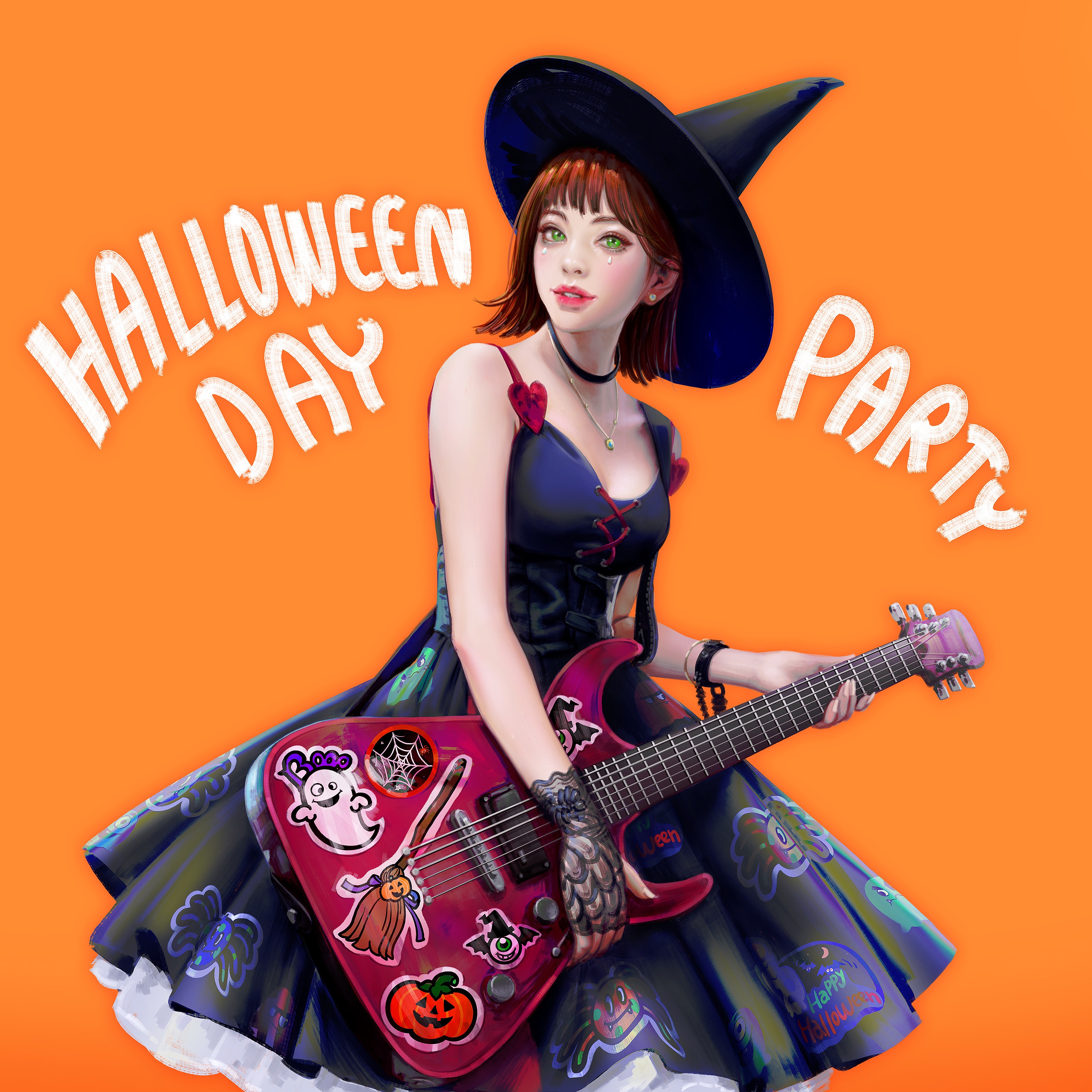 Halloween Day Party Witch with Guitar HD Wallpaper
