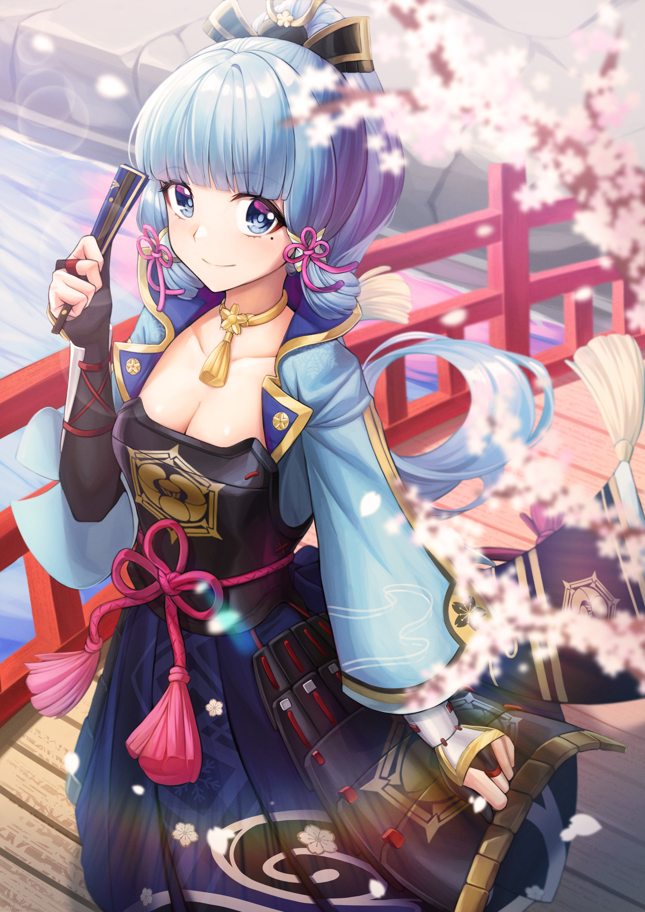 Kamisato Ayaka from Genshin Impact with a fan HD Phone Wallpaper
