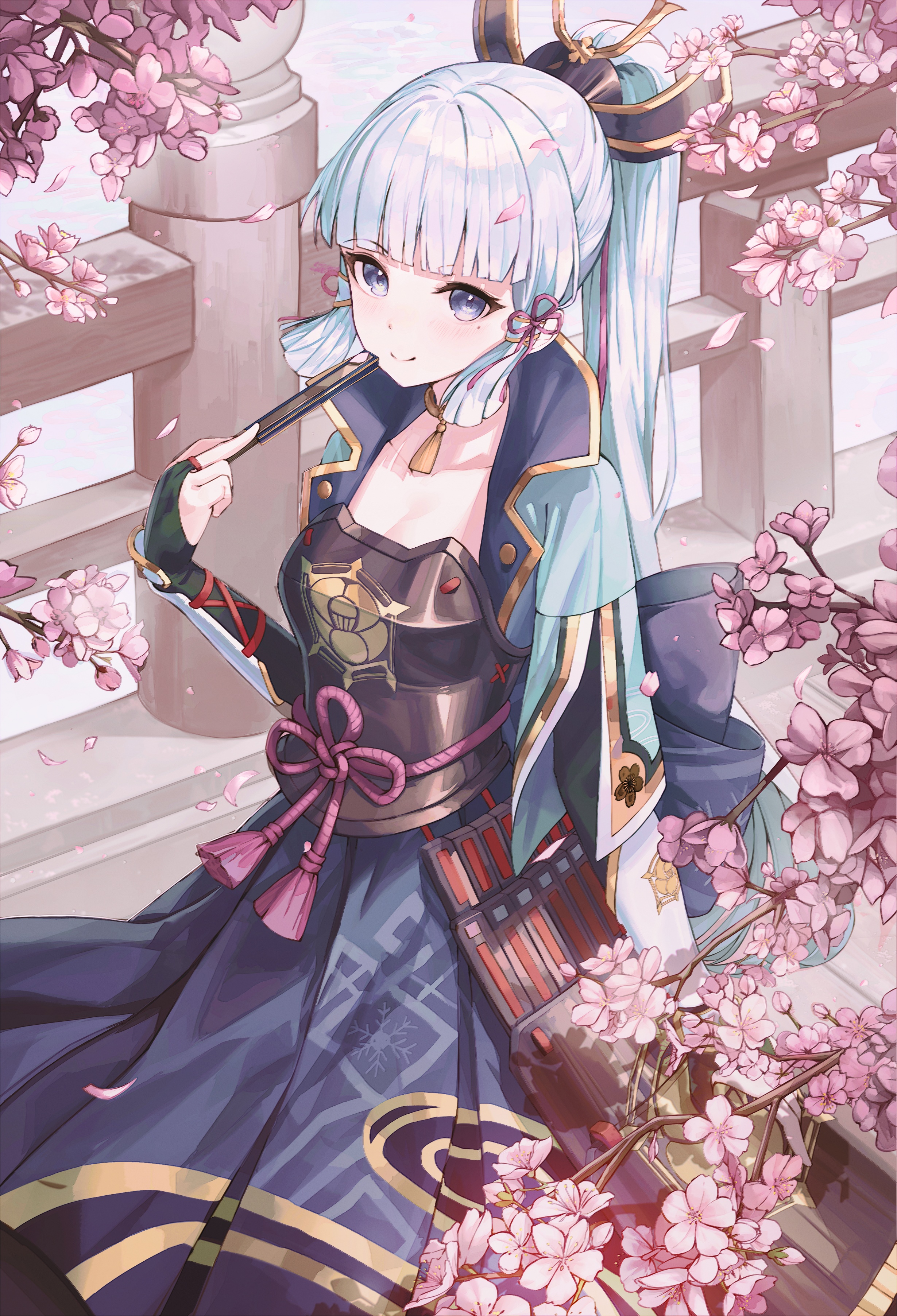 Kamisato Ayaka from Genshin Impact with cherry blossoms HD Phone Wallpaper