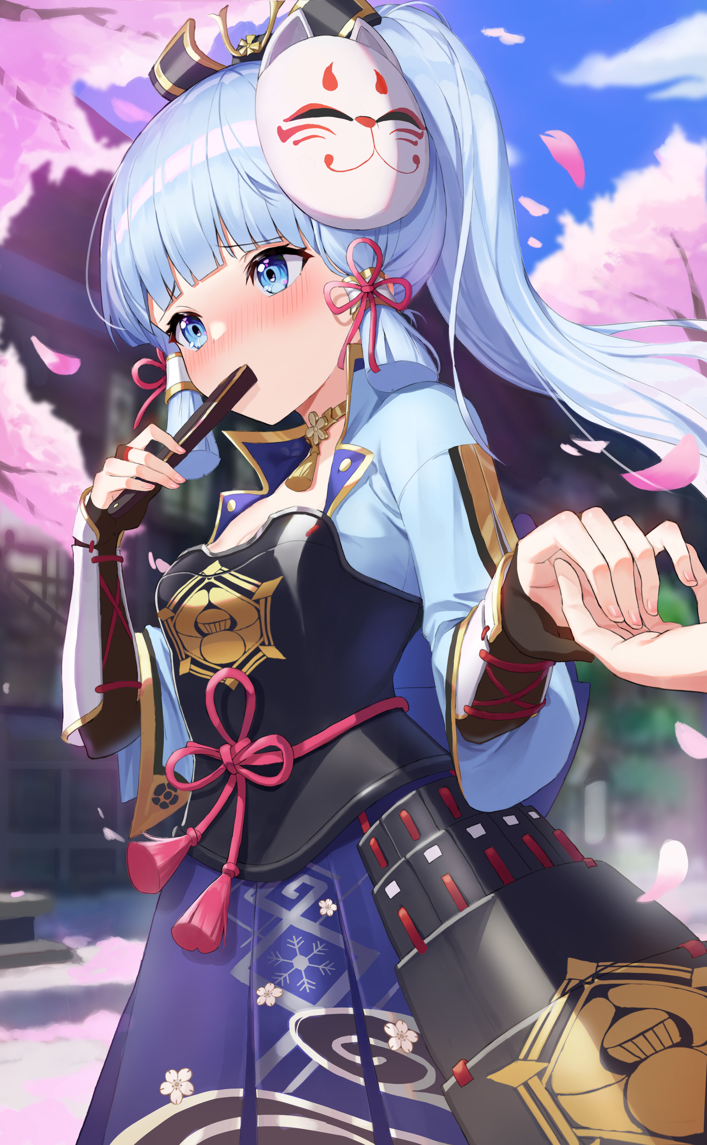 Kamisato Ayaka from Genshin Impact holding a fan HD Phone Wallpaper