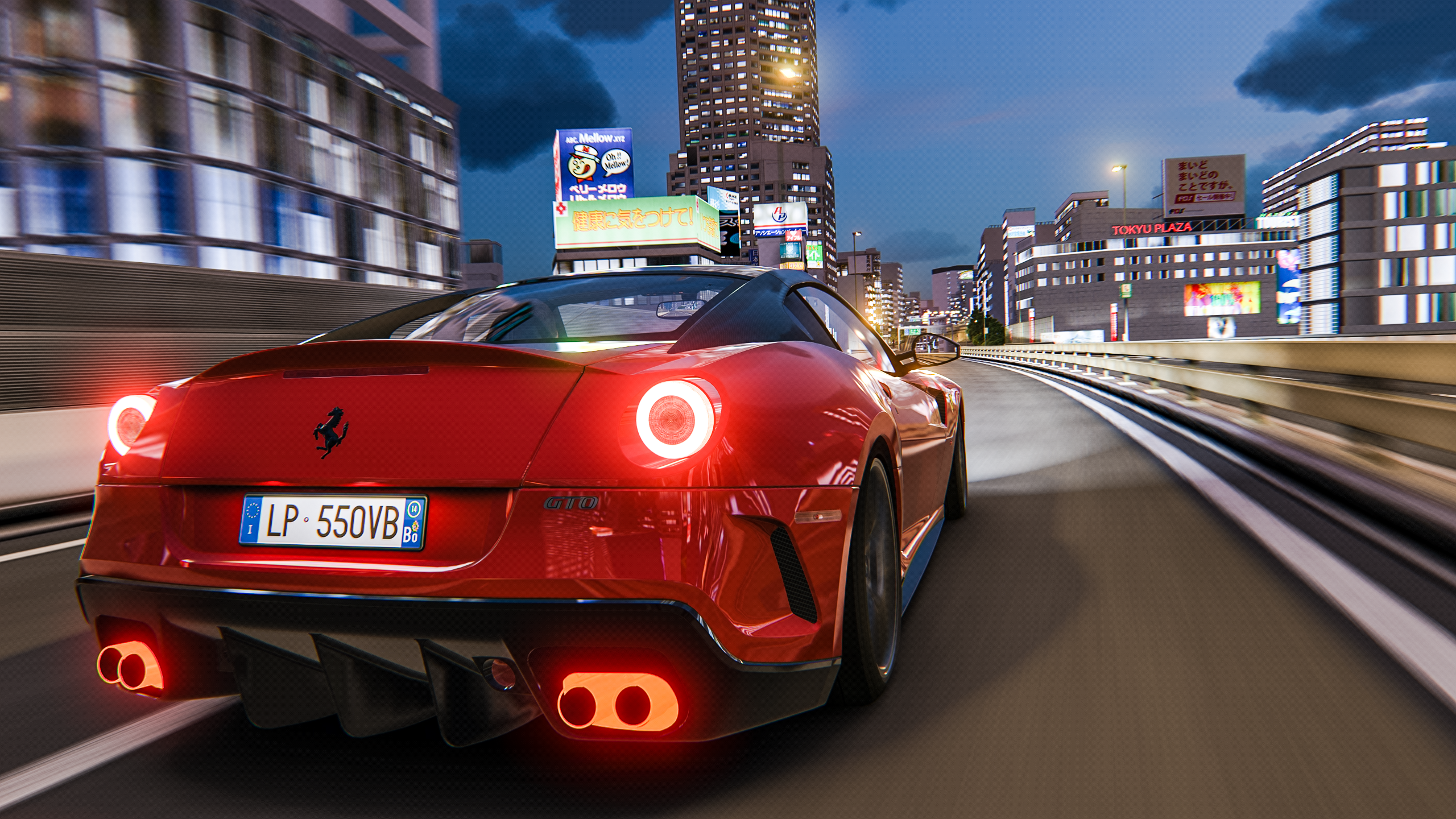 Red Ferrari 599 driving through a city at night HD Wallpaper